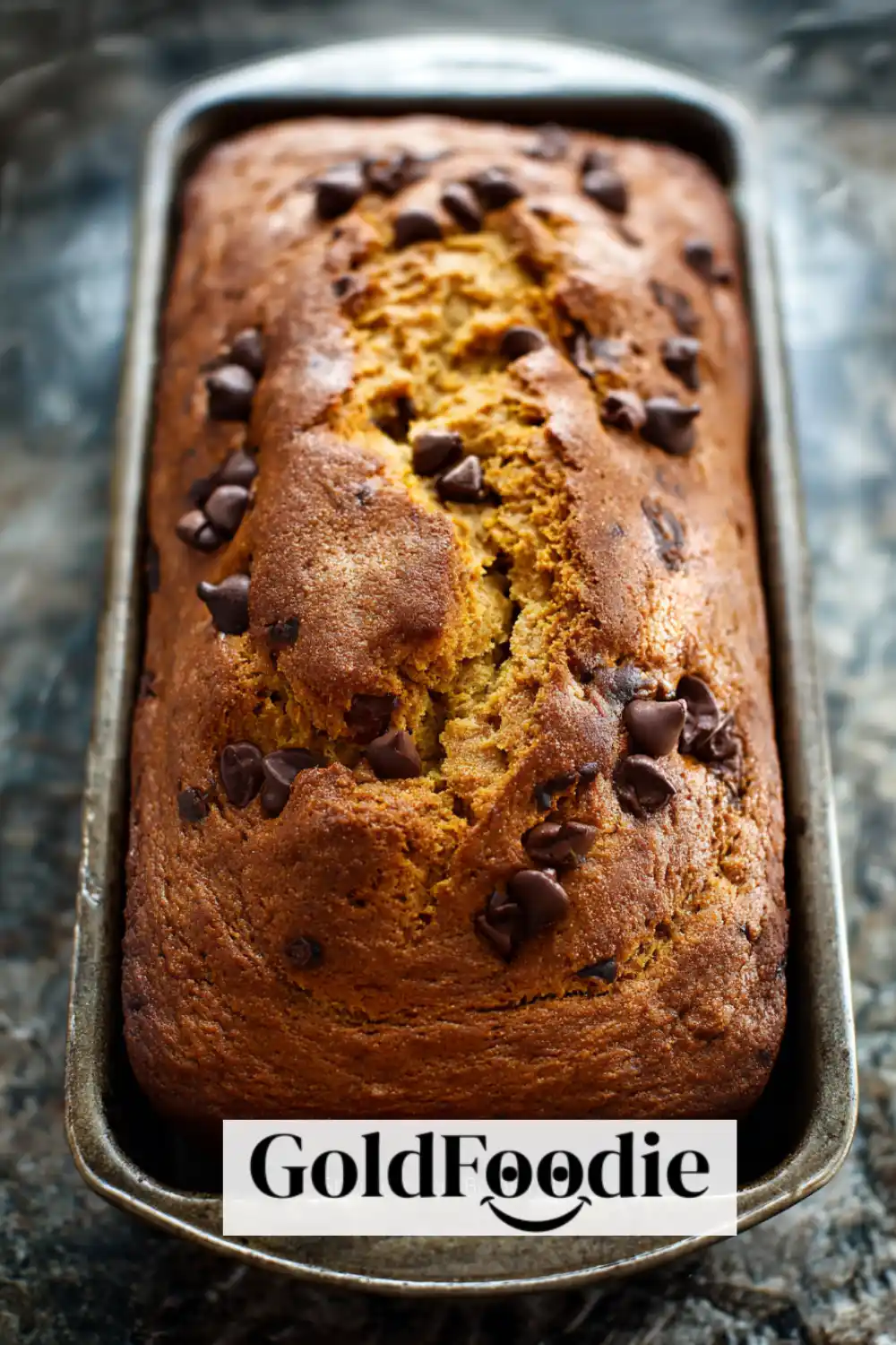 Fresh Pumpkin Yogurt Bread Loaf Pumpkin yogurt bread loaf with chocolate chips in baking pan.