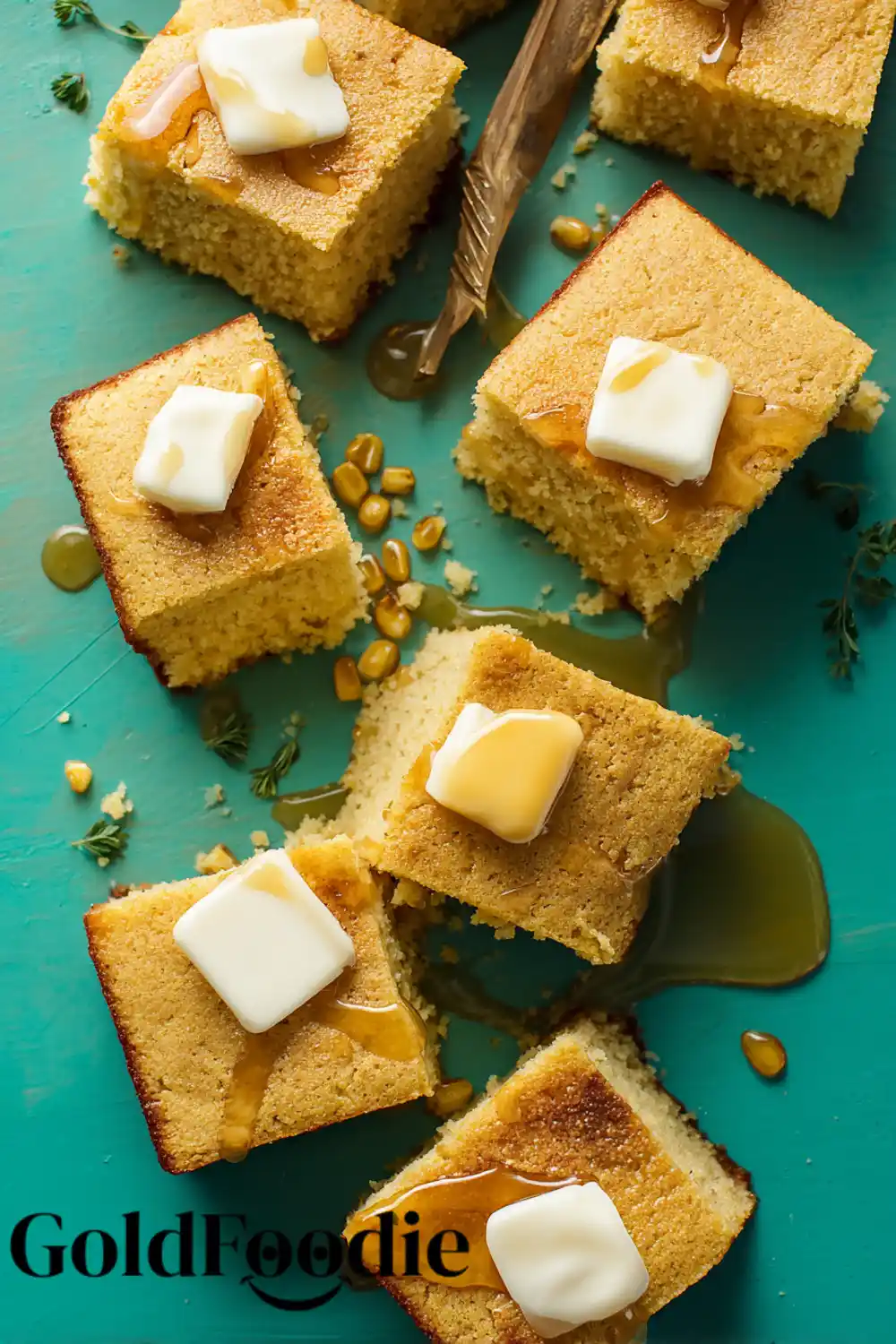 Gluten Free Vegan Cornbread 5 Cornbread cubes with butter and syrup drizzles.