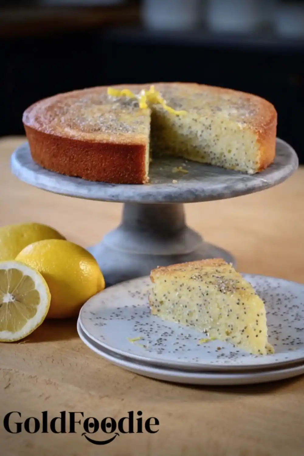 Full Chia Cake on Stand Full Vegan lemon chia seed cake with slice cut