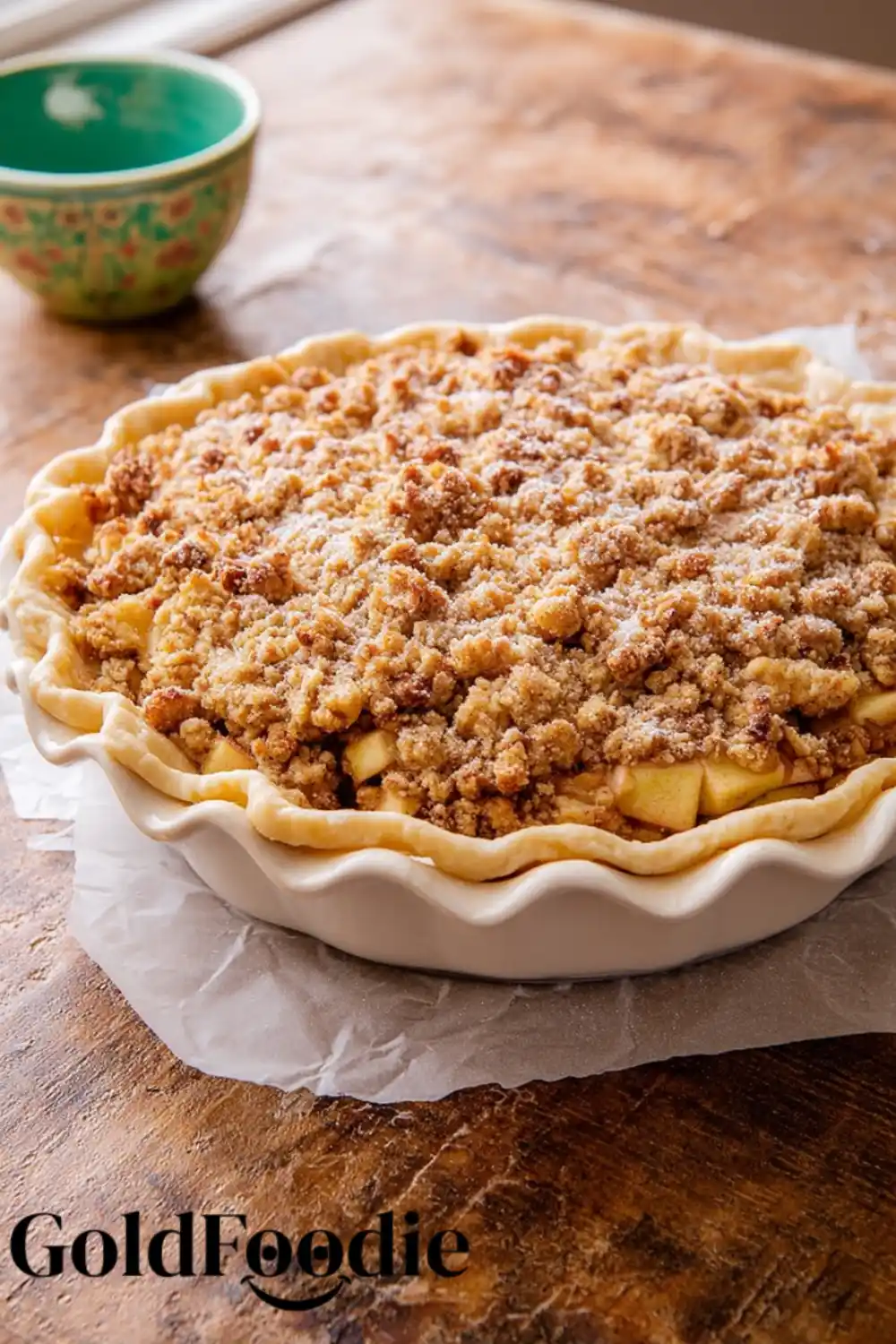 Full Crumble Pie in Dish Whole apple crumble pie in a ceramic dish