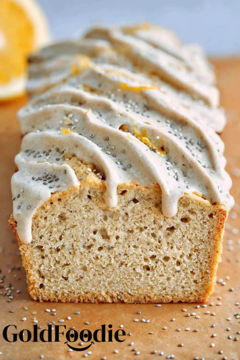 Glazed Protein Lemon Cake Iced lemon cake loaf with chia and zest