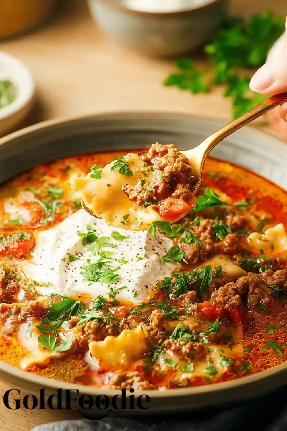 Gluten-Free Lasagna Soup Spoonful Spoon lifting gluten-free lasagna soup from bowl