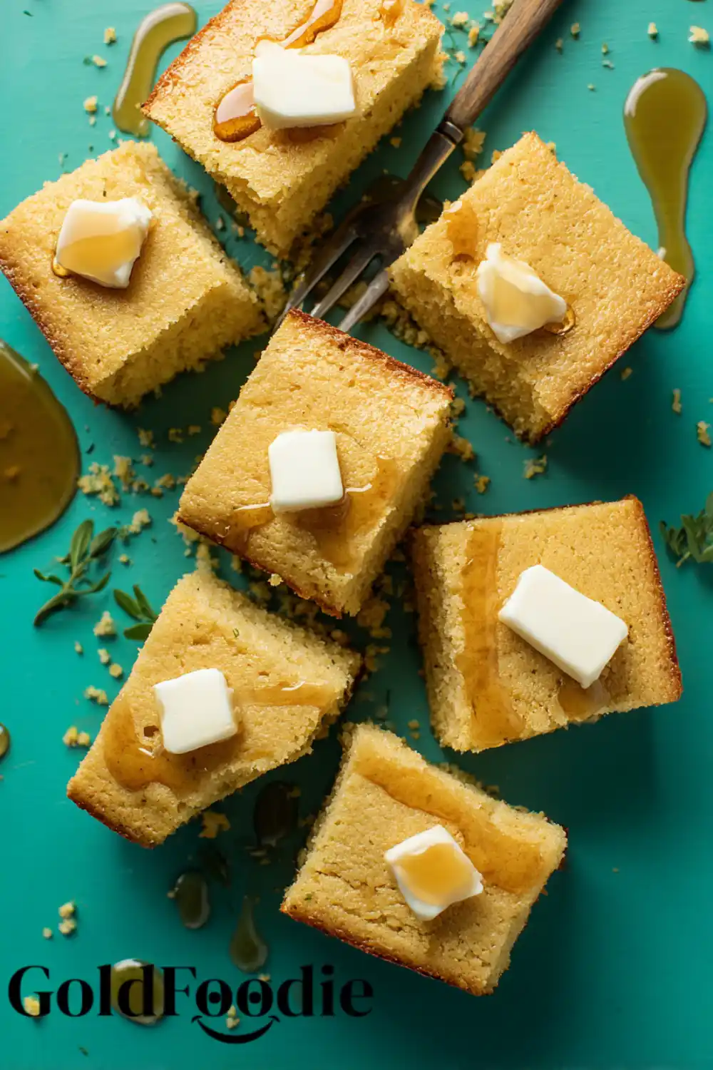 Gluten Free Vegan Cornbread Squares Gluten free vegan cornbread on teal surface with butter and syrup.