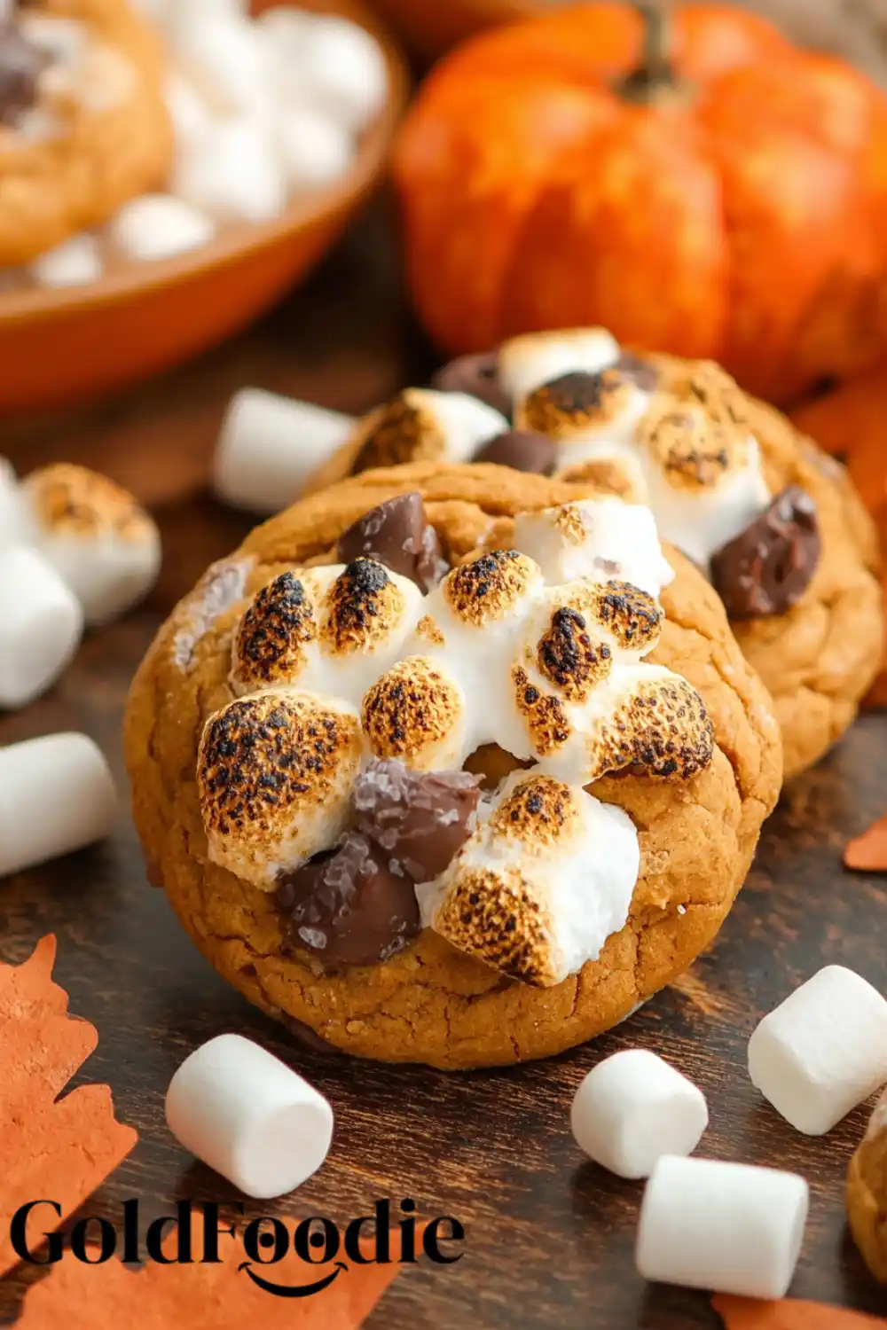 Gooey Pumpkin Cookie with Toasted Top Pumpkin cookie topped with toasted mini marshmallows and chocolate chunks