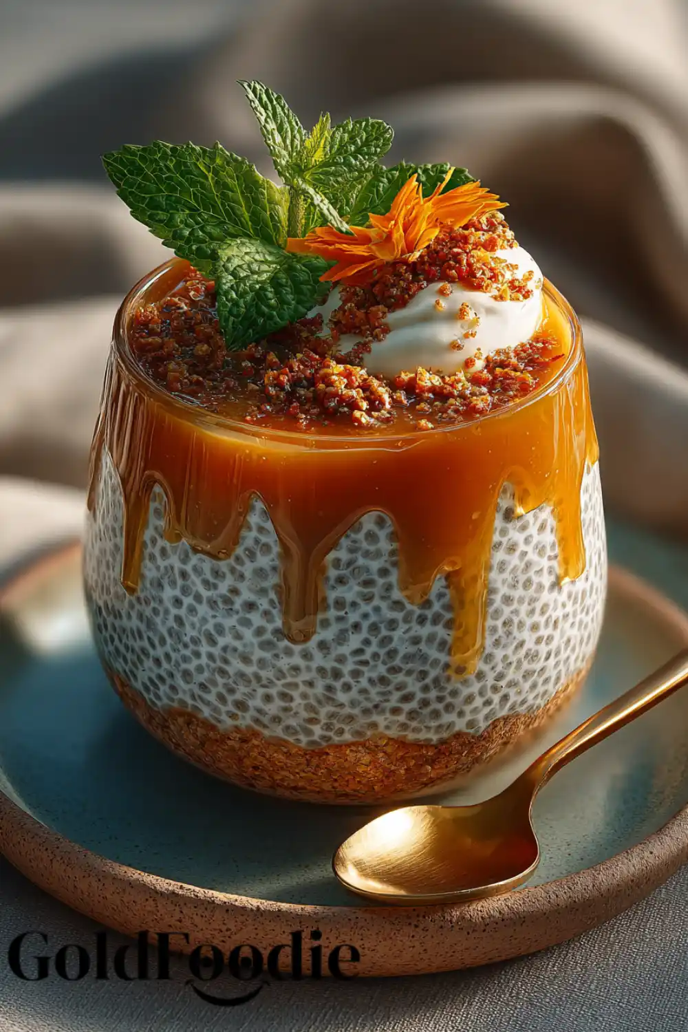 High-Protein Carrot Cake Chia Puddin 5 Chia pudding with yogurt, grated carrot, maple drizzle, and chopped walnuts on a white plate.