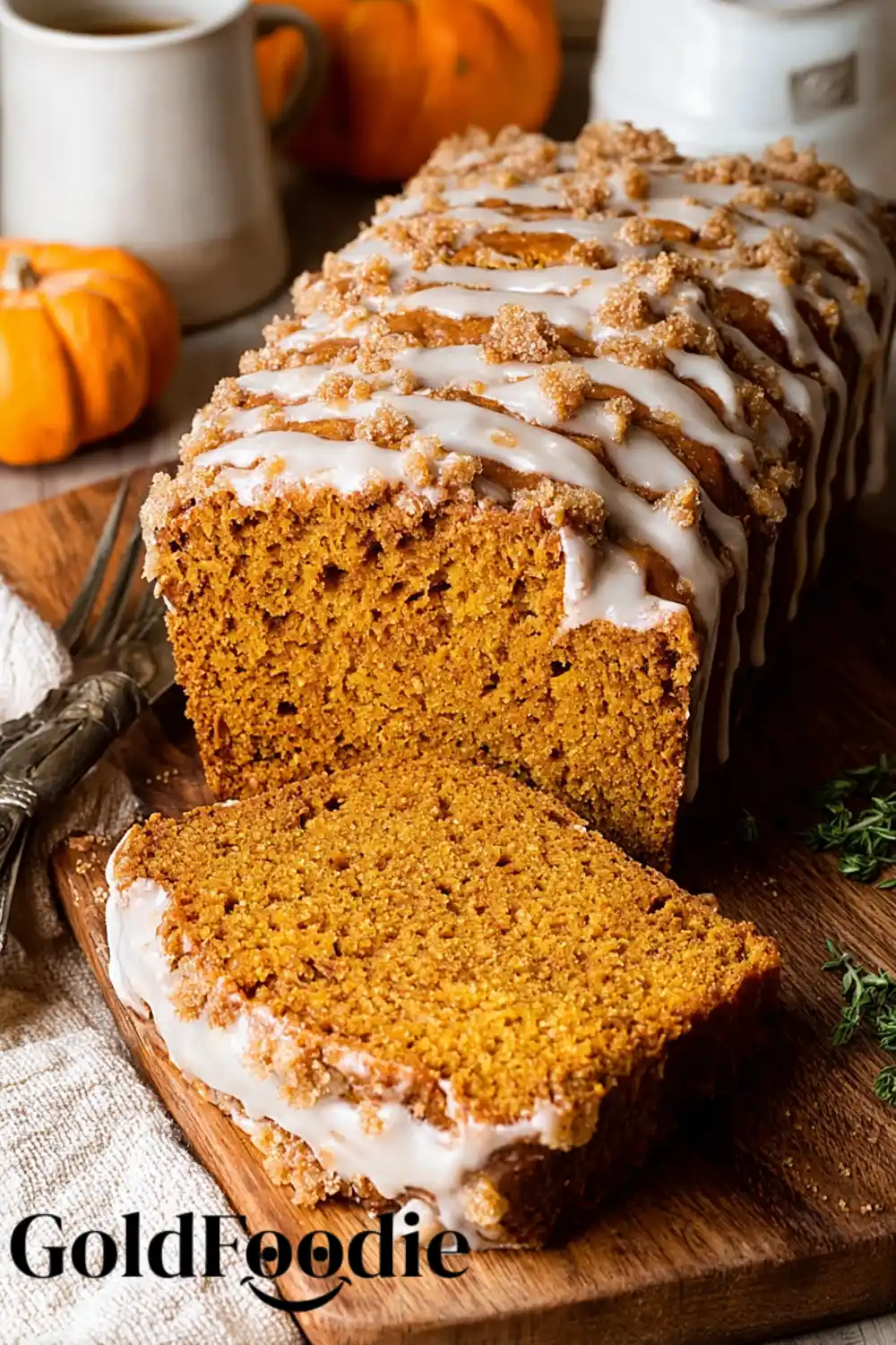 Gluten Free Vegan Pumpkin Bread 5 Sliced pumpkin bread with thick glaze.