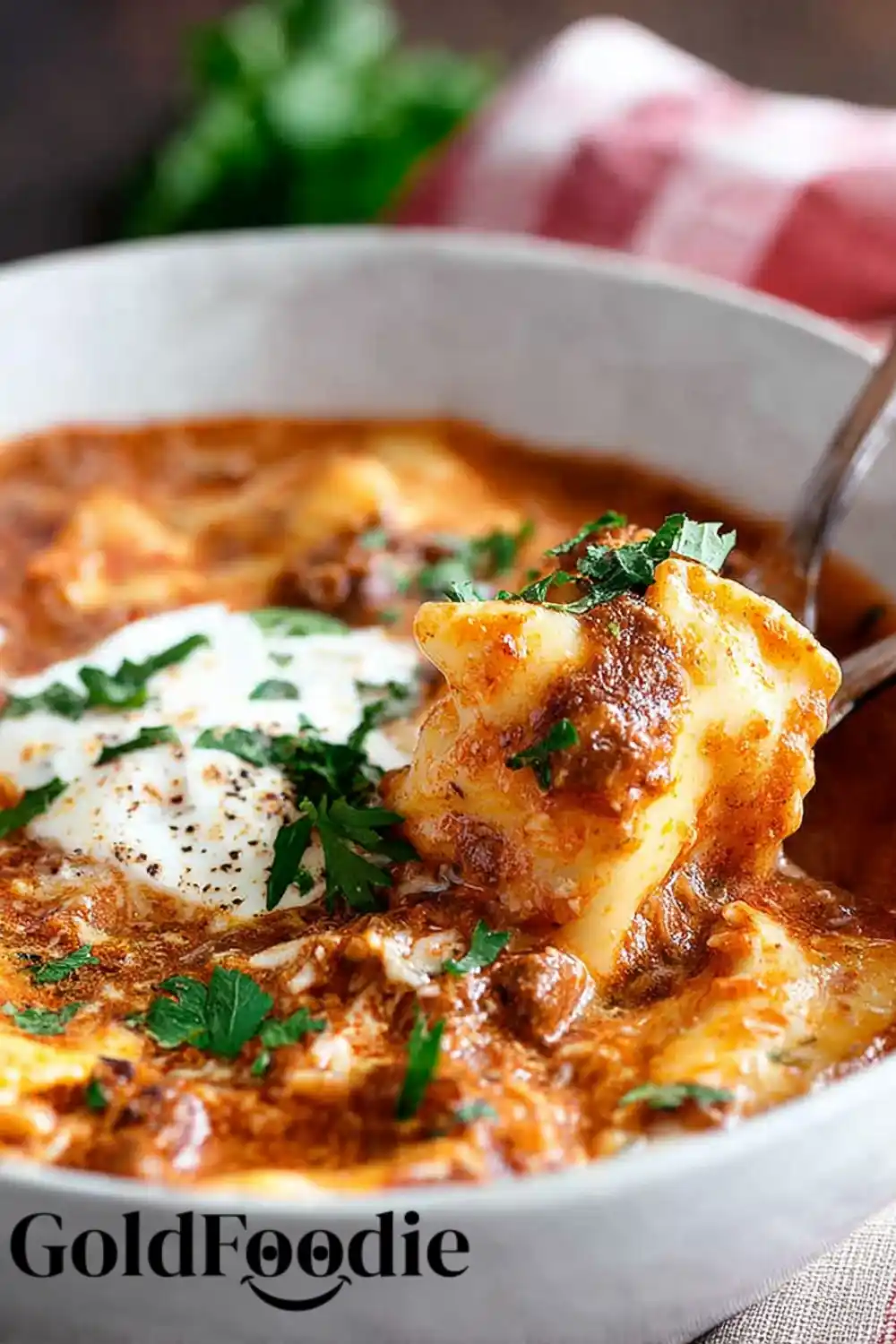 Hearty One Pot Lasagna Soup Bowl of lasagna soup with pasta, meat, and creamy cheese