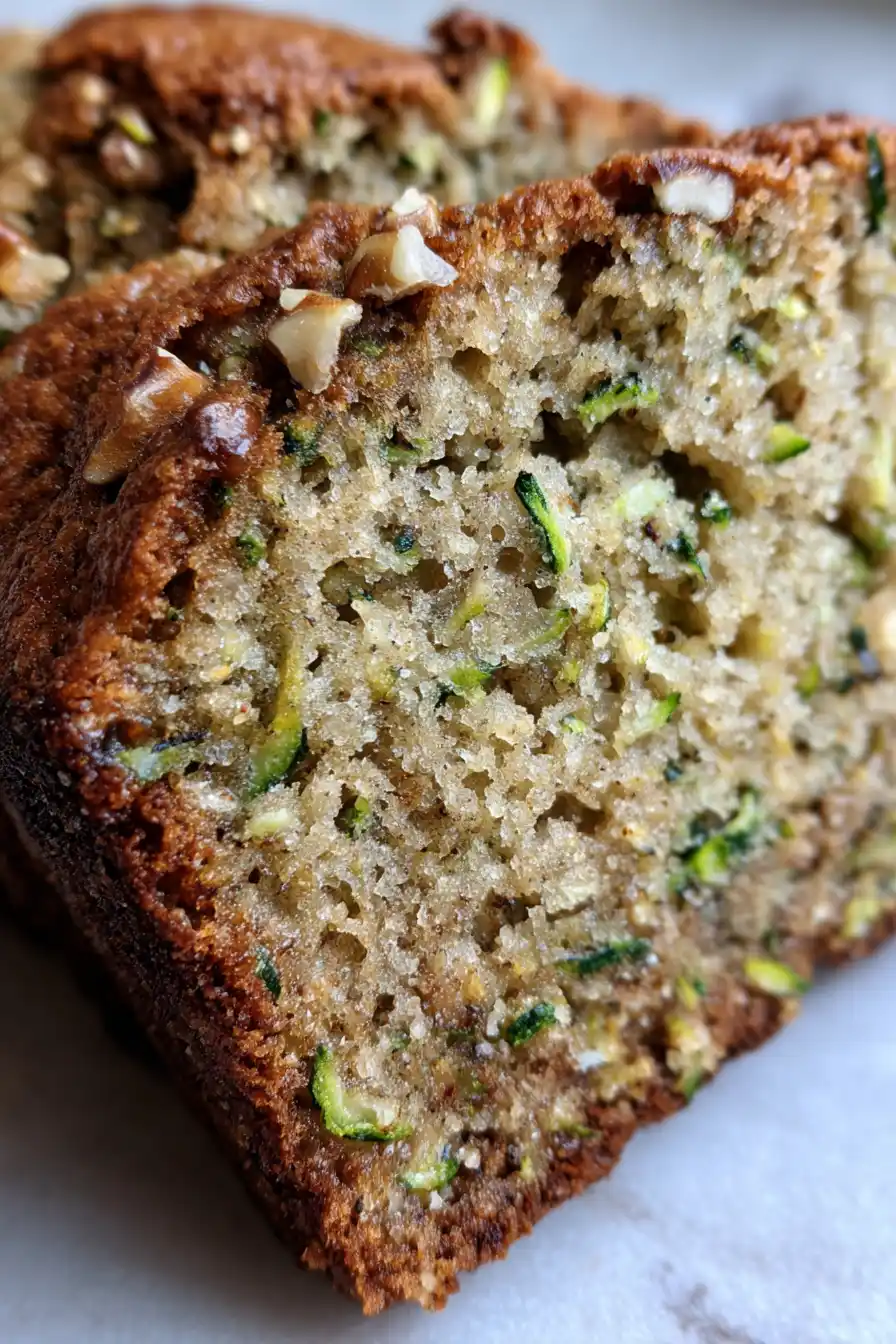 Inside Look at Moist Zucchini Bread Sliced zucchini bread with visible grated zucchini