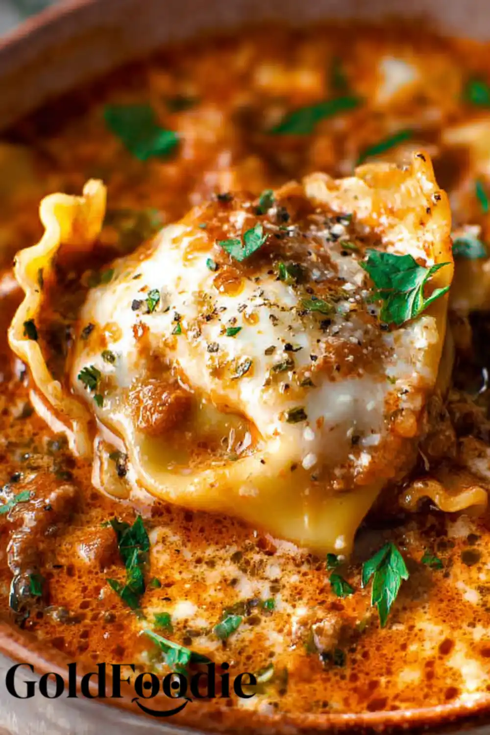 Lasagna Soup with Ricotta Lasagna soup topped with creamy ricotta and parsley