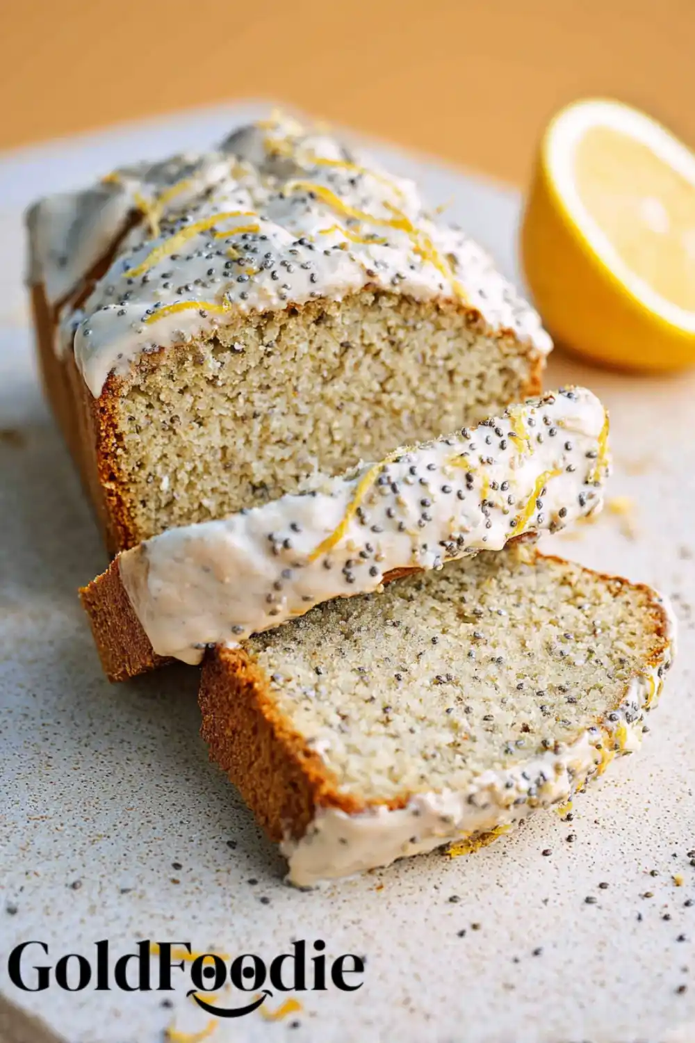 Lemon Chia Cake Overhead Top view of glazed chia seed lemon loaf