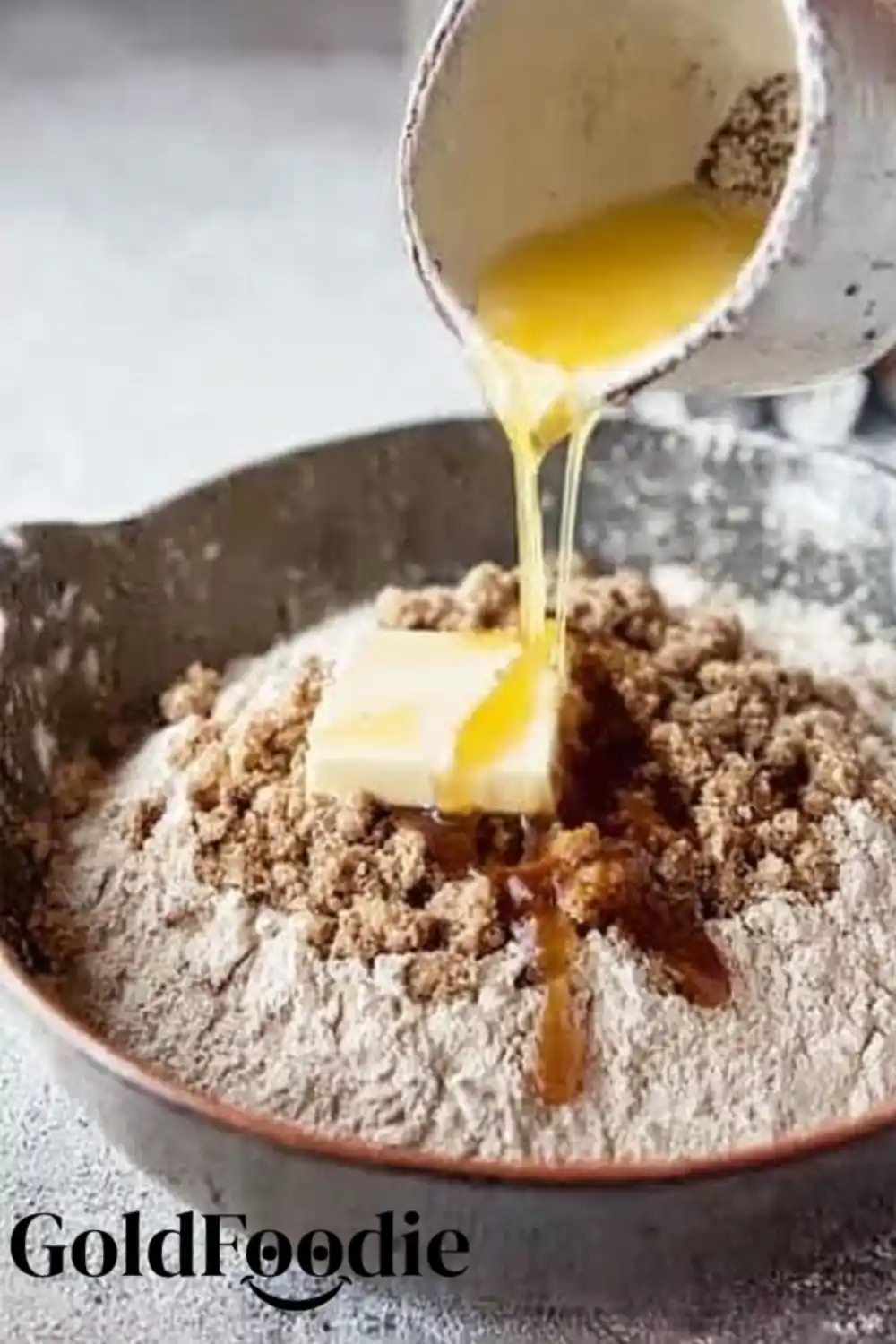 Mixing Crumble Topping Butter and sugar added to crumble flour base