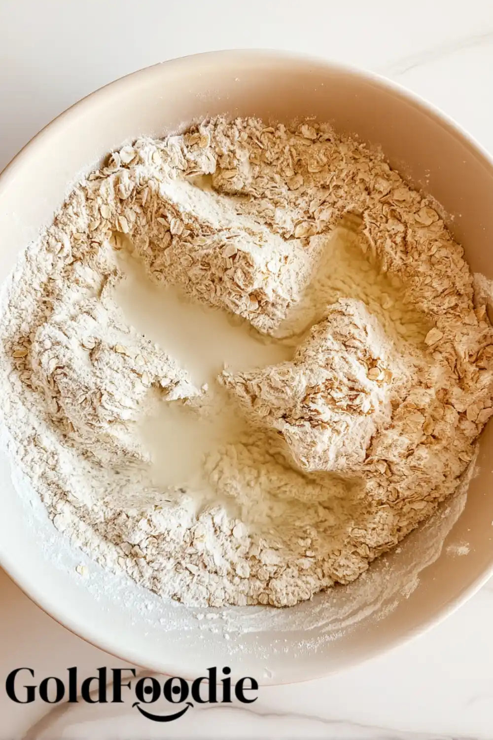 Oat Flour Mix Oat flour and oats in a mixing bowl.