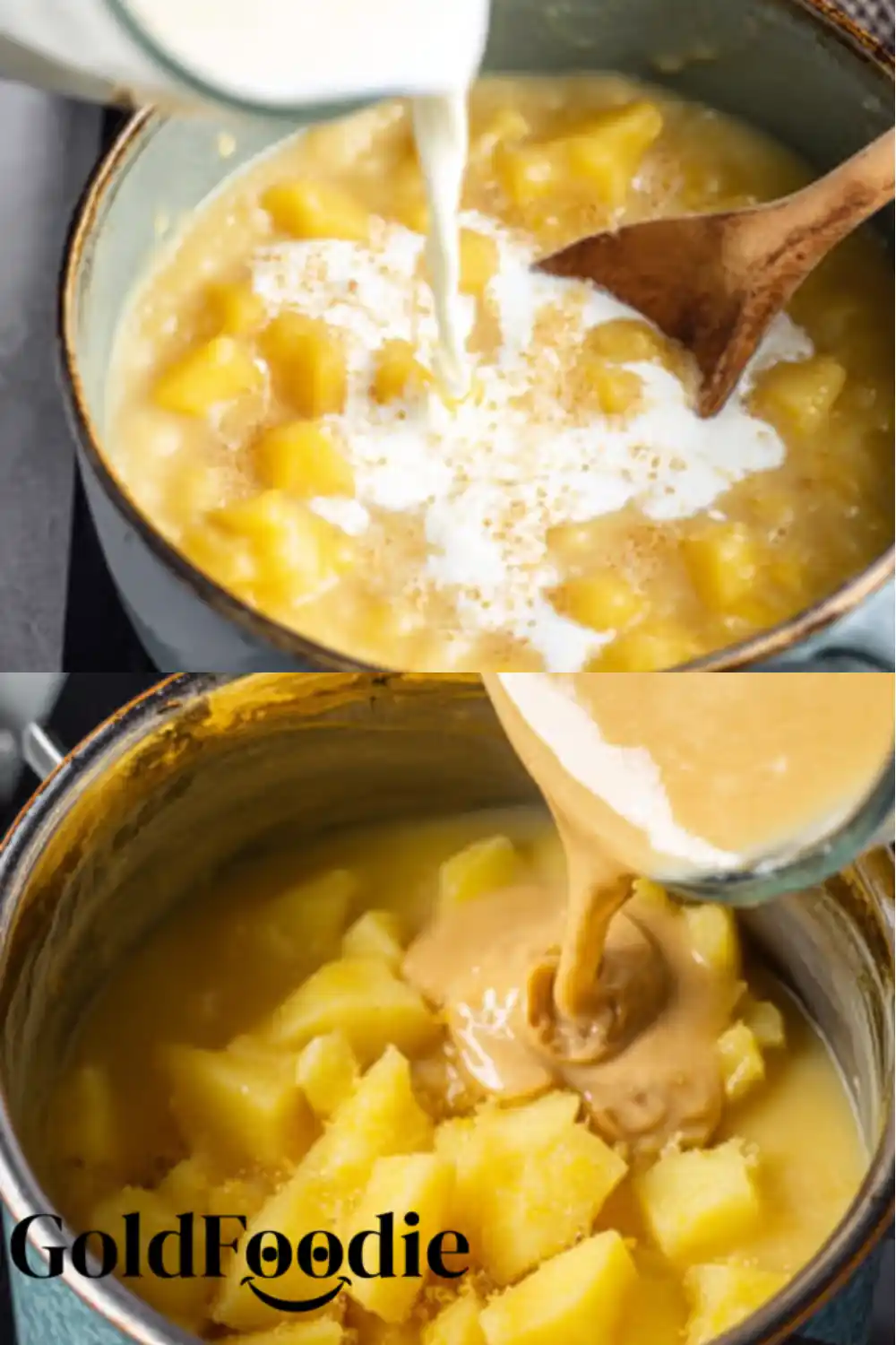 Pouring Cream into Soup Cream being added to simmering potato soup