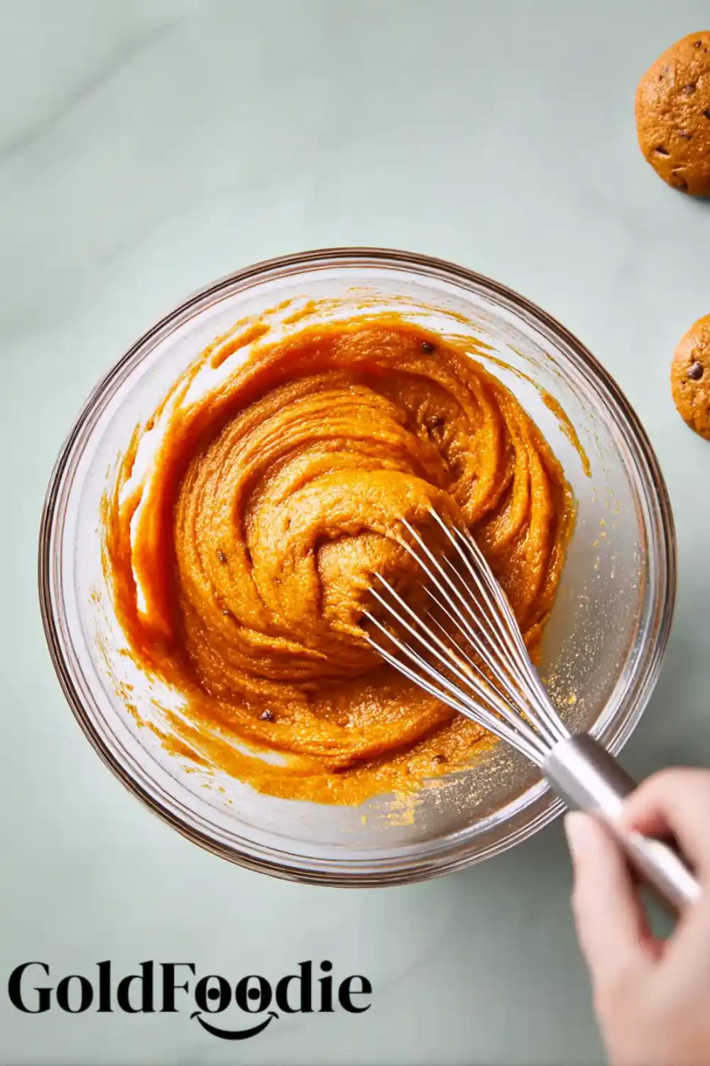 Pumpkin Batter Mixing Whisk mixing pumpkin cookie batter in a bowl