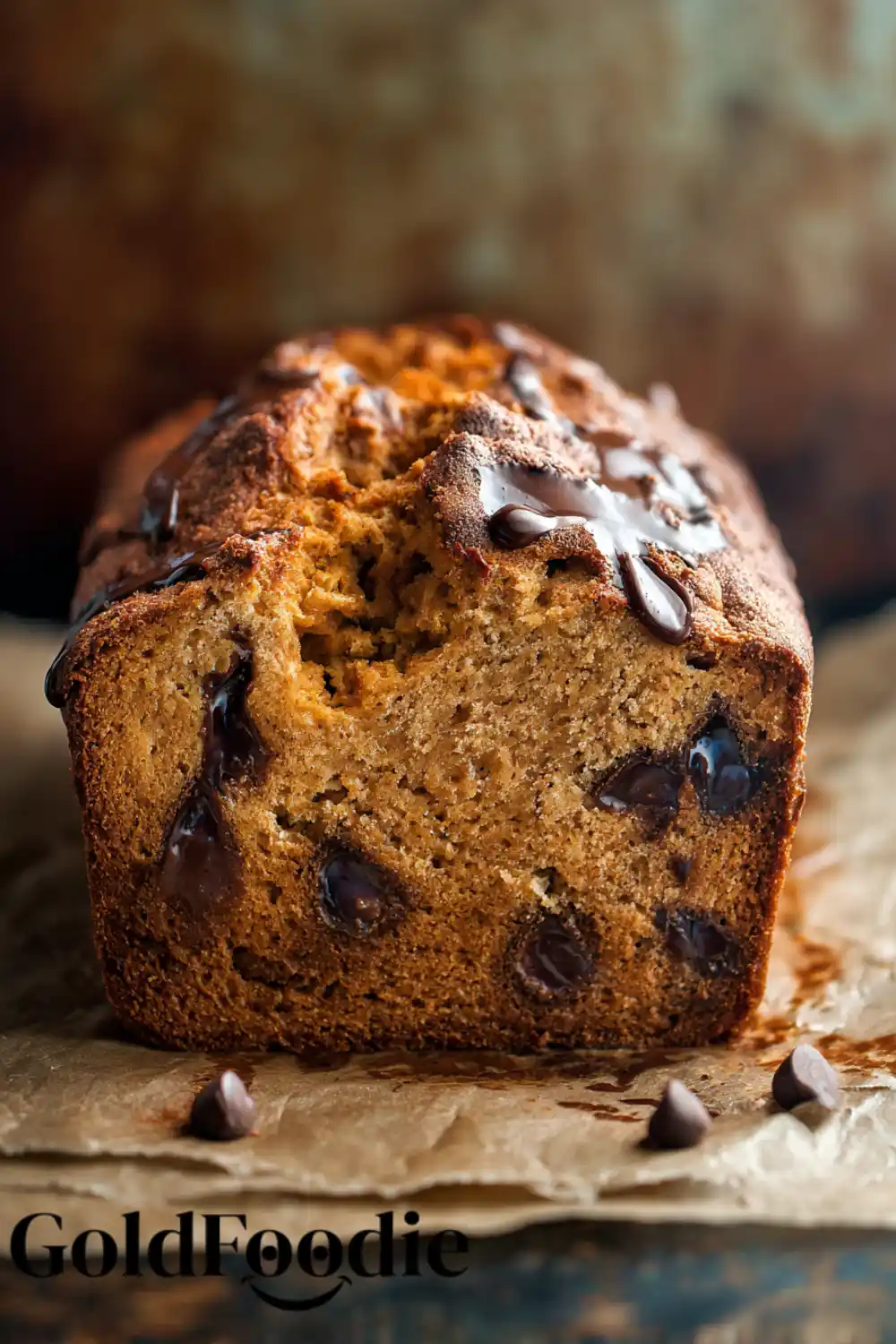 Pumpkin Yogurt Bread with Melted Chocolate Chips Pumpkin yogurt bread loaf on parchment with melted chocolate chips.