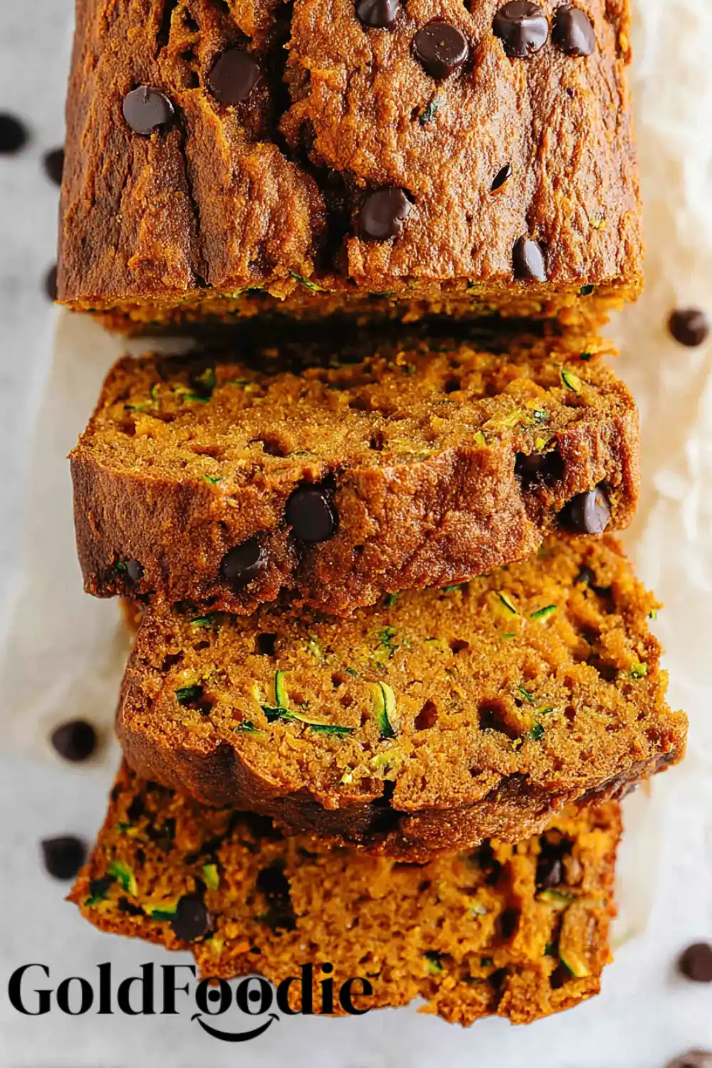 Pumpkin Zucchini Bread Close-Up Close-up of sliced pumpkin zucchini bread showing moist texture.