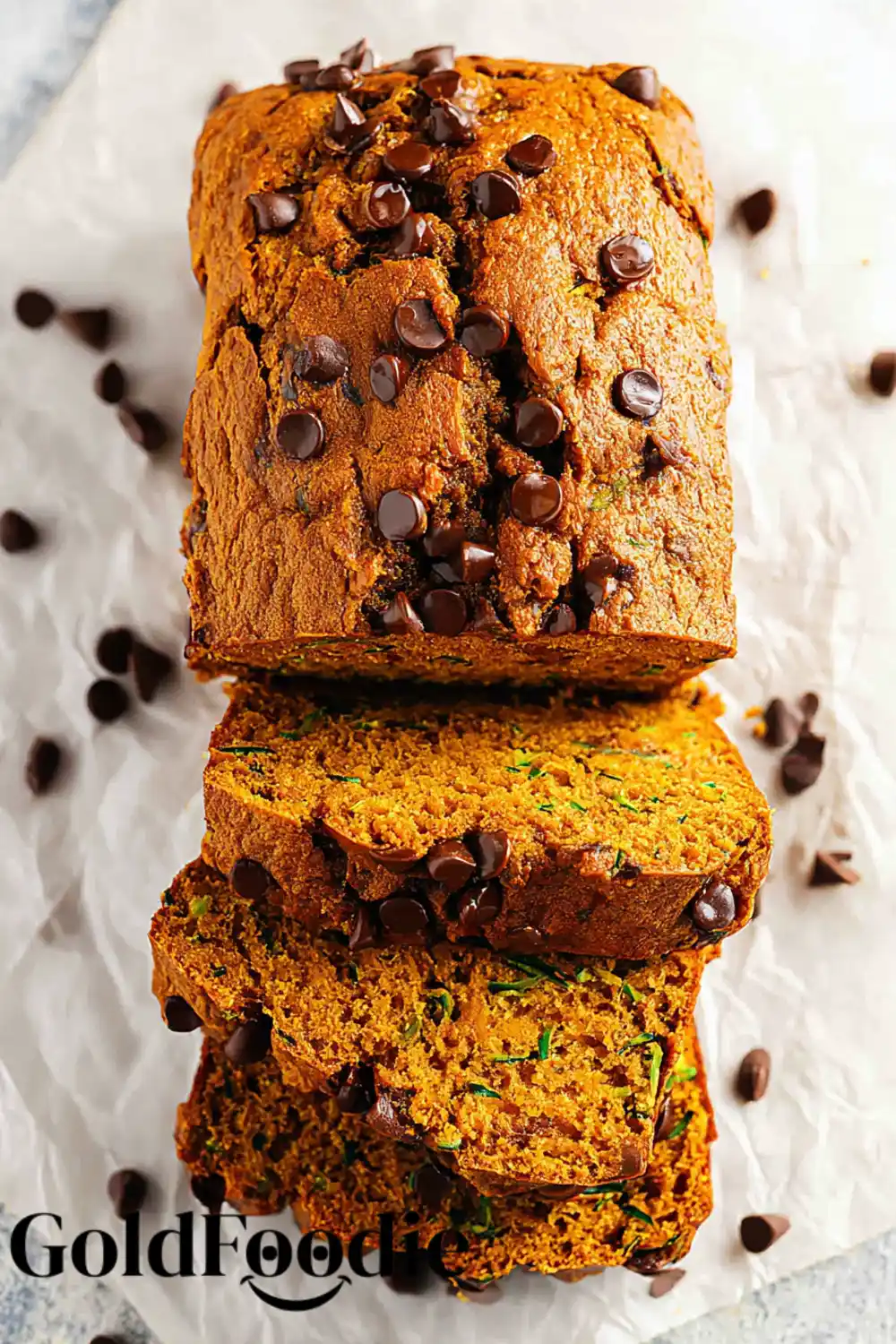 Gluten-Free Vegan Pumpkin Zucchini Bread 6 Overhead view of pumpkin zucchini bread loaf with chocolate chips.