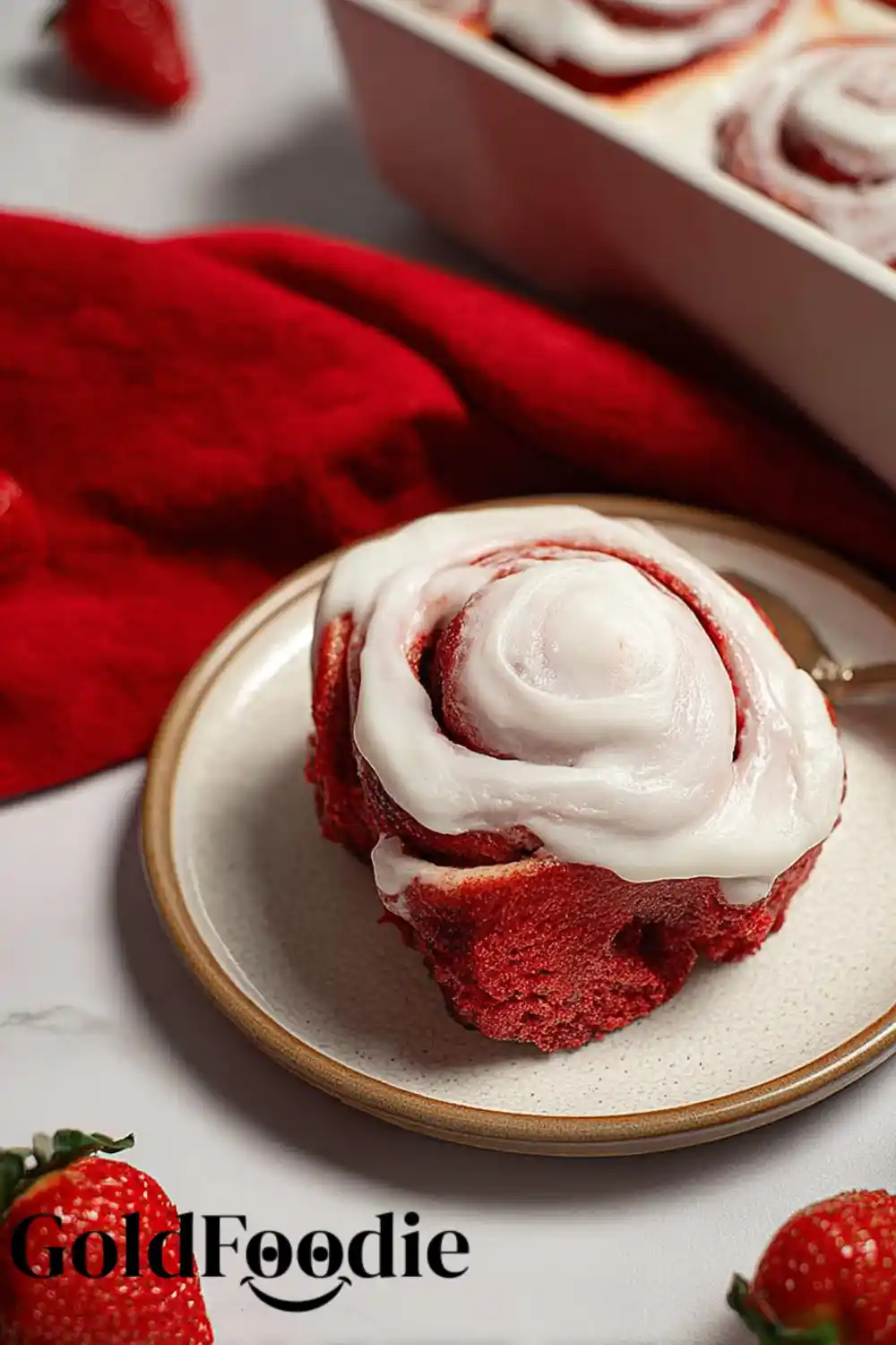 Decadent Red Velvet Cinnamon Rolls for Fall 5 Red Velvet Cinnamon Rolls next to fresh strawberries