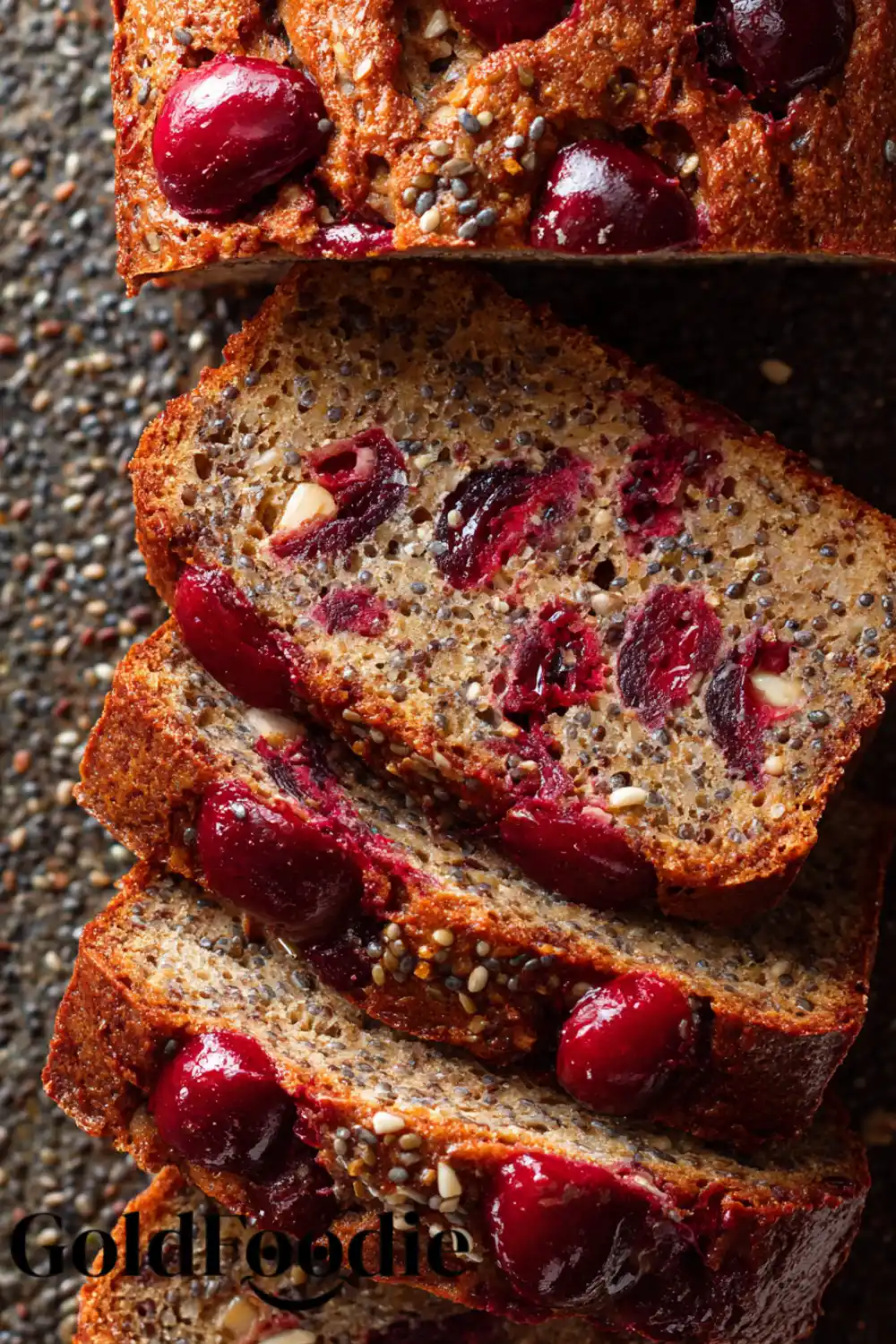 Rustic Cherry Chia Slices Cherry chia seed cake cut into thick slices