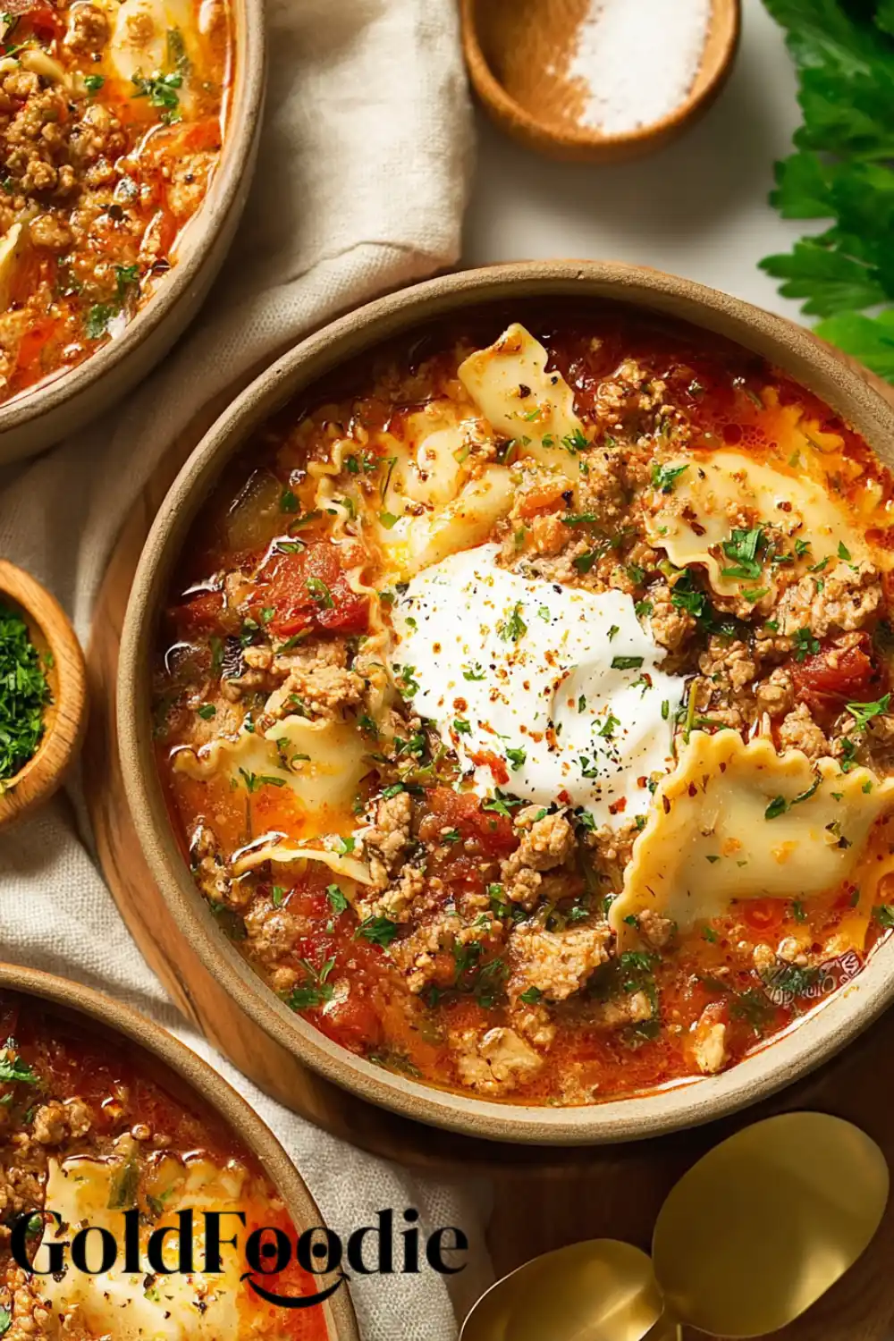 Rustic Lasagna Soup Overhead Overhead shot of gluten-free lasagna soup with golden broth