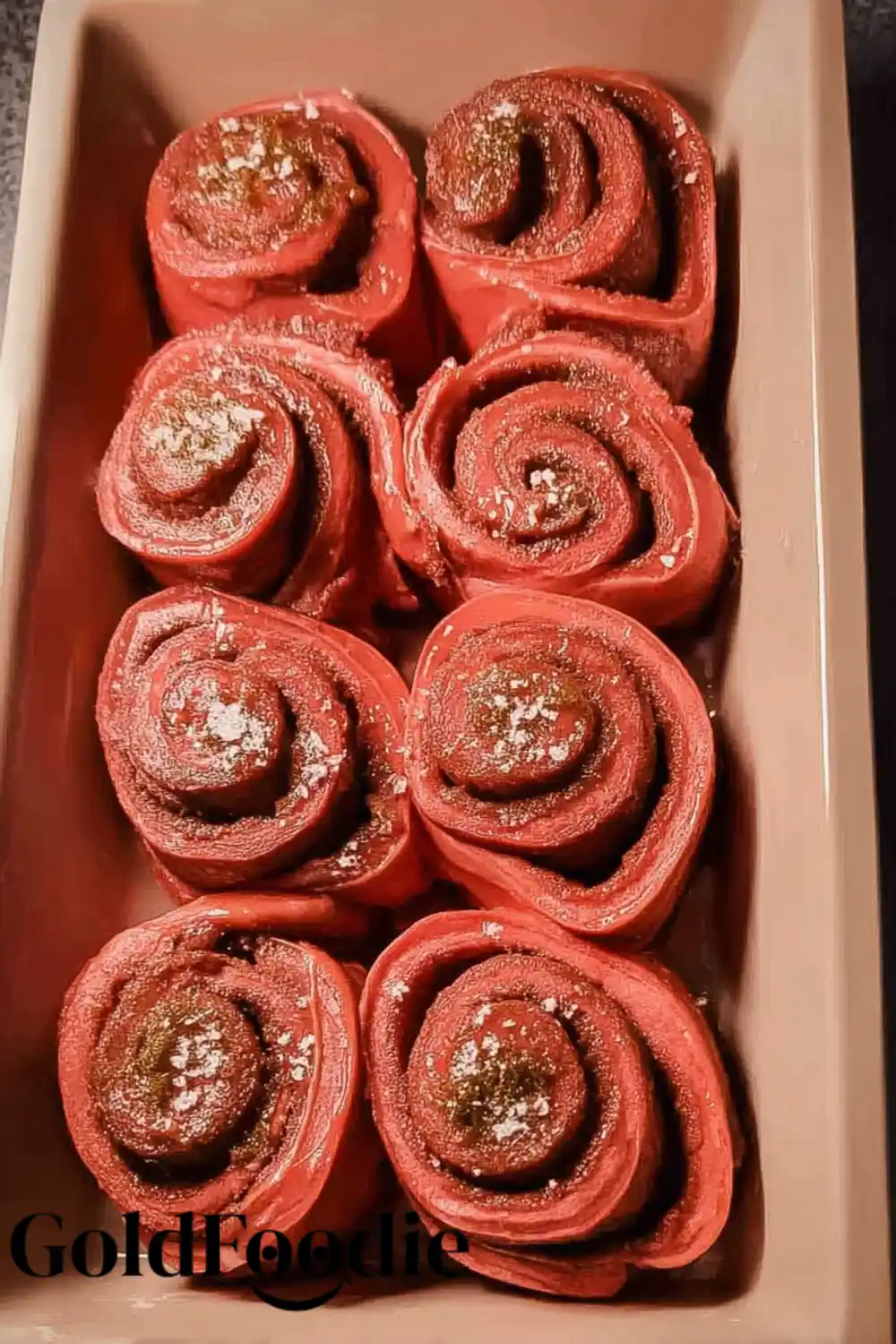 Shaped Cinnamon Rolls Red Velvet Cinnamon Rolls placed in a baking pan