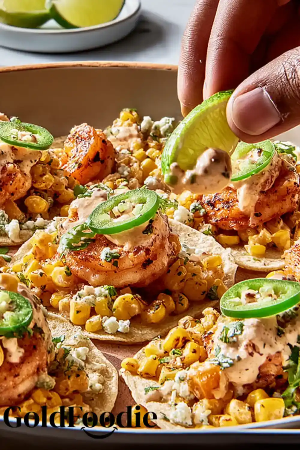 Shrimp Tostadas with Street Corn Shrimp tostadas topped with corn, crema, and jalapeños