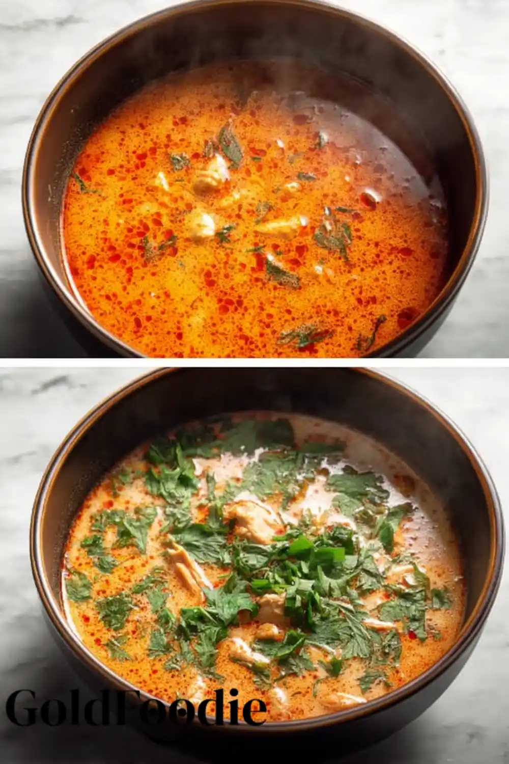 Simmering Curry Broth Thai chicken soup simmering in a bowl