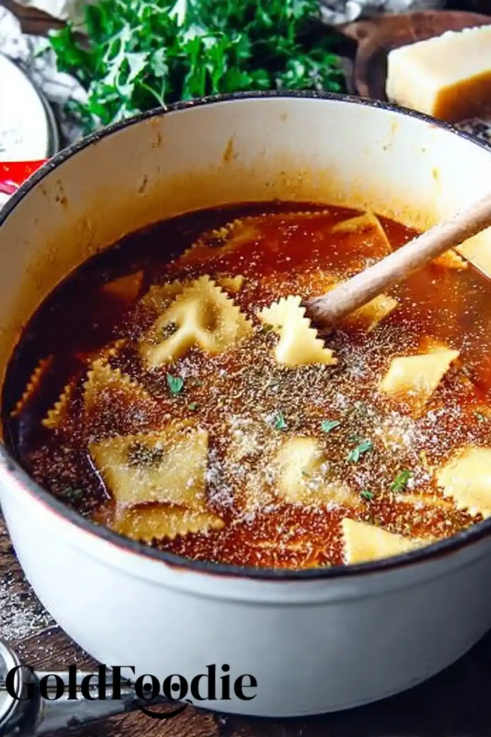 Simmering Lasagna Soup Base One Pot Lasagna Soup with noodles simmering in tomato broth