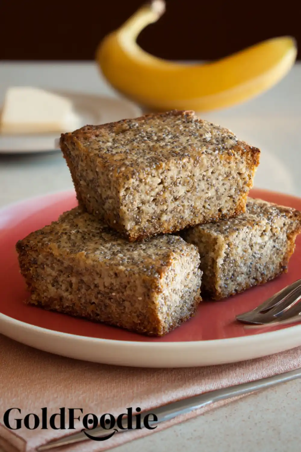 High-Protein Banana Chia Seed Cake 5 Three stacked pieces of banana chia seed cake