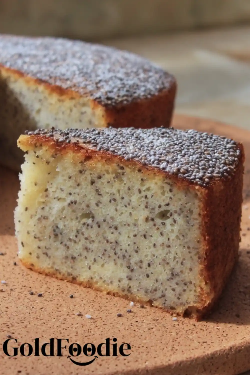 Single Chia Seed Cake Slice on Plate Chia cake slice on cork board