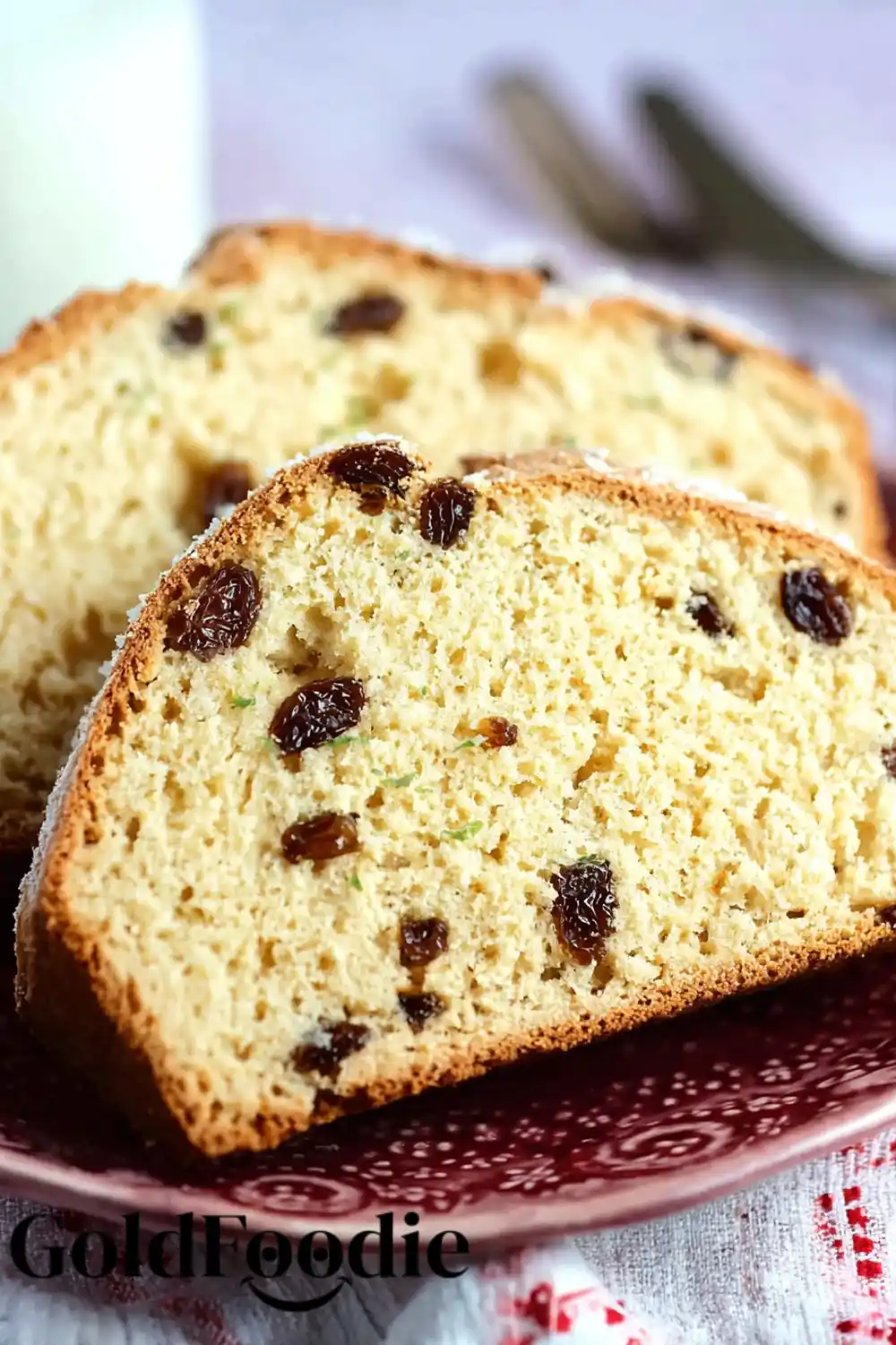 Sliced Bread on Plate Sliced Irish Soda Bread served on red plate