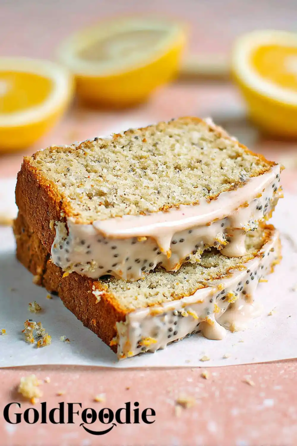 Sliced Chia Cake with Lemons Two slices of chia lemon cake with icing