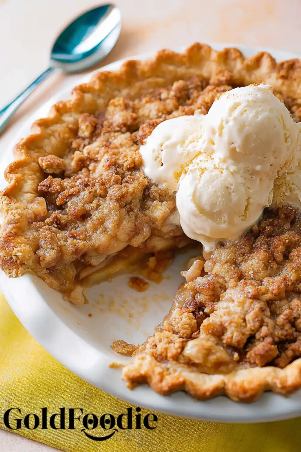 Sliced Pie with Ice Cream Apple crumble pie slice with melting ice cream