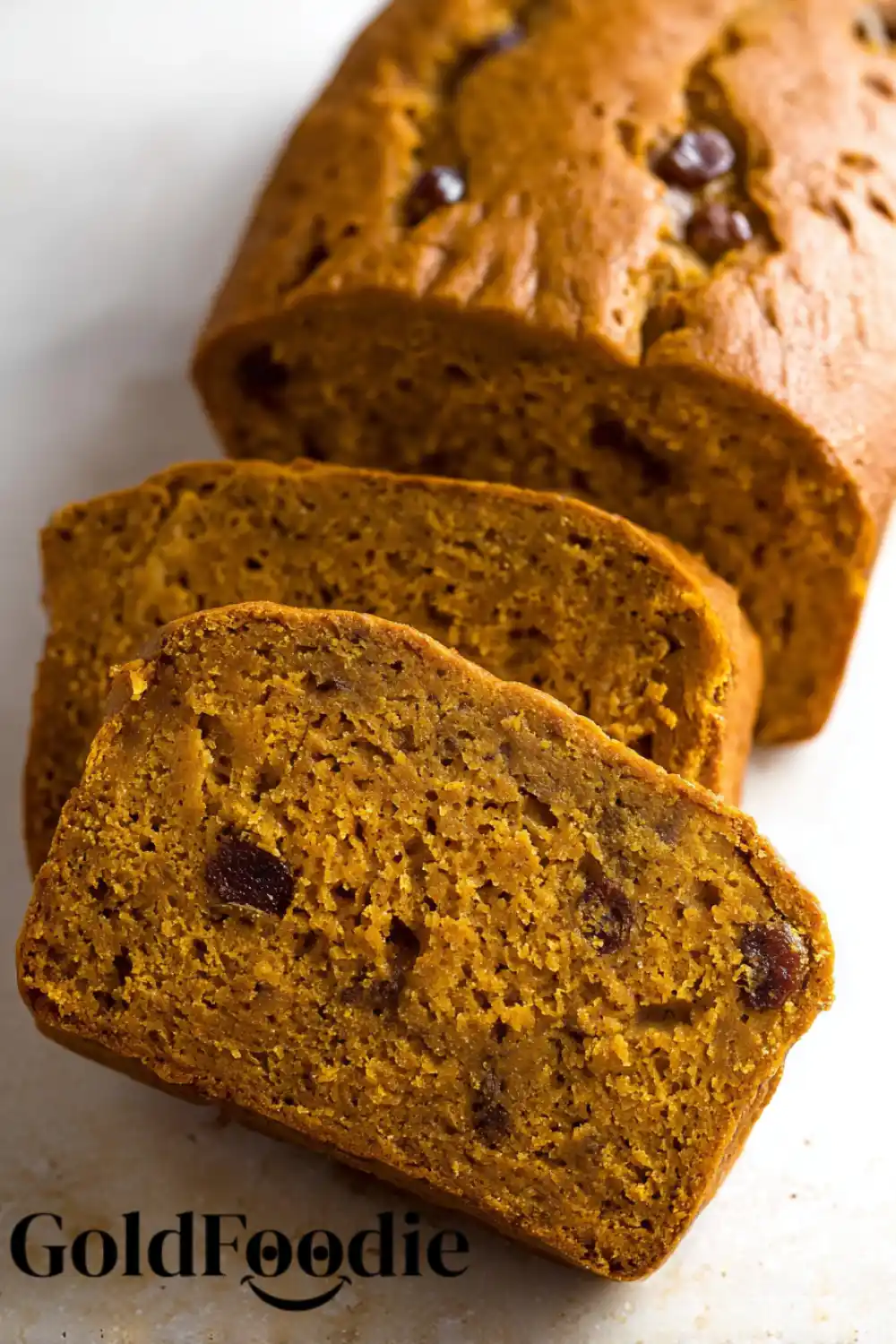 Sliced Pumpkin Banana Bread Pumpkin banana bread slices showing moist interior.