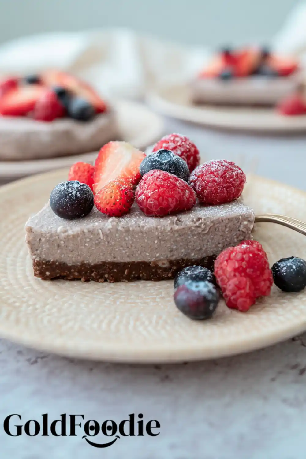 Healthy Vegan Chia Seed Cake 5 Chia cake slice on a beige plate with fresh berries
