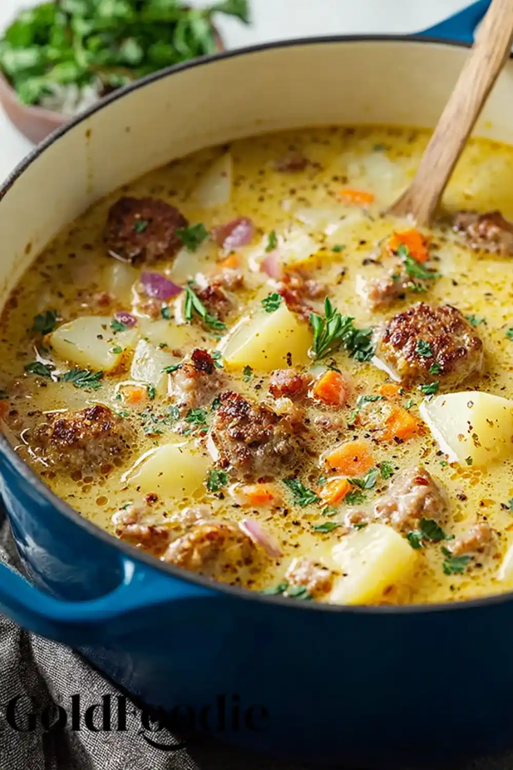 Soup in Dutch Oven Full pot of sausage potato soup