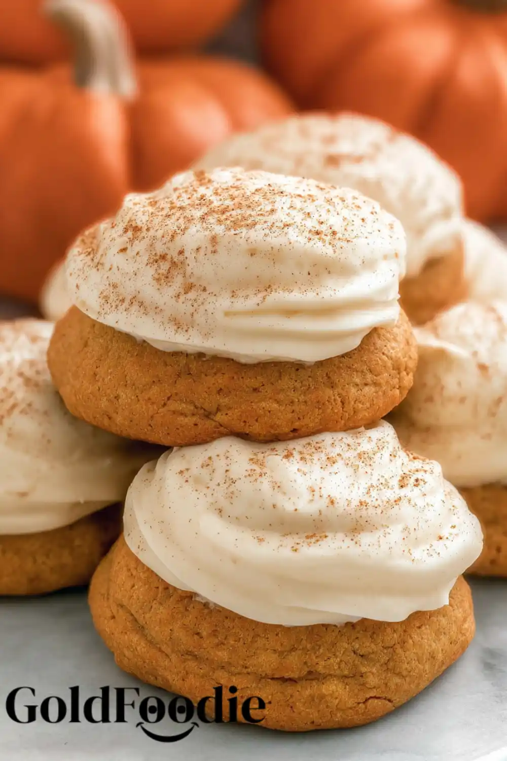 Spiced Pumpkin Cookies Cinnamon-frosted pumpkin cookies topped with dusted spice