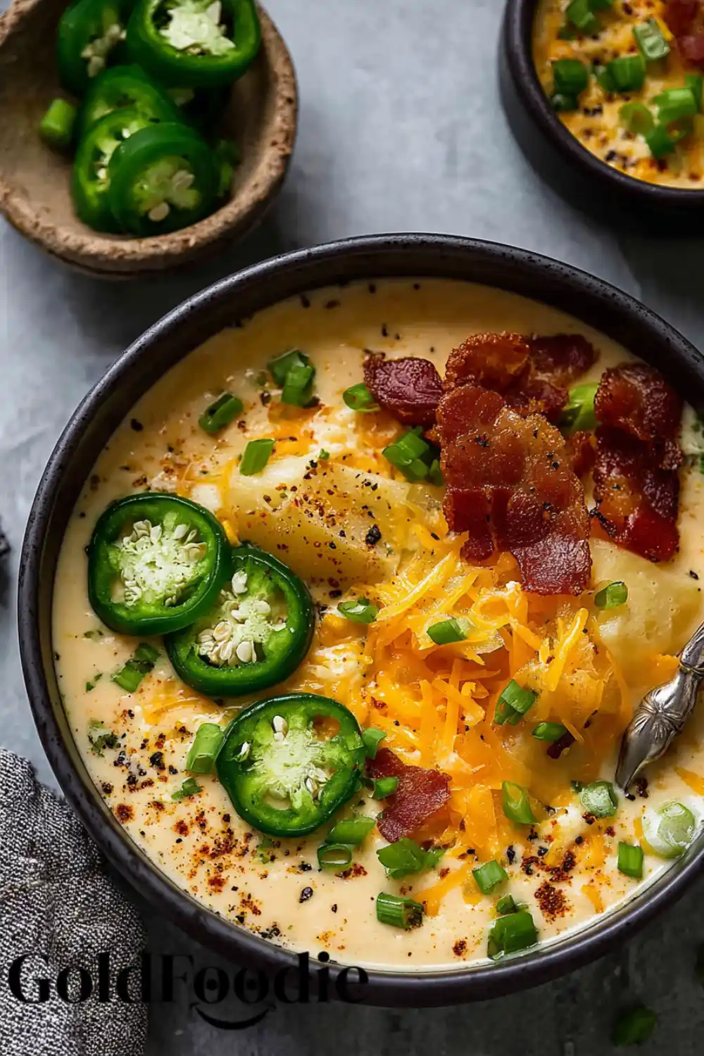 Spicy Jalapeno Popper Soup Creamy Jalapeno Popper Soup, cheddar, and bacon