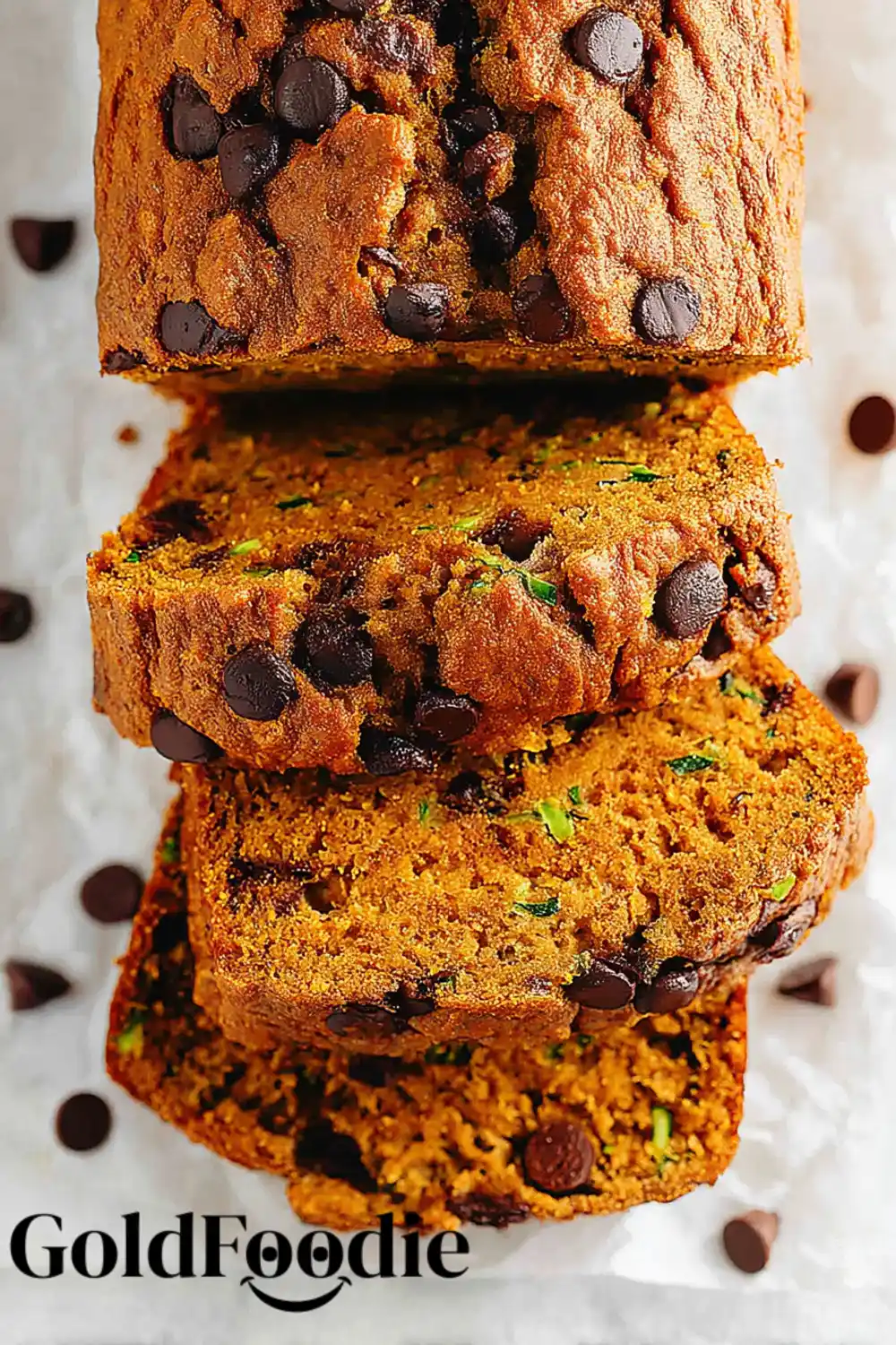 Stacked Pumpkin Zucchini Bread Stacked slices of pumpkin zucchini bread with chocolate chips.