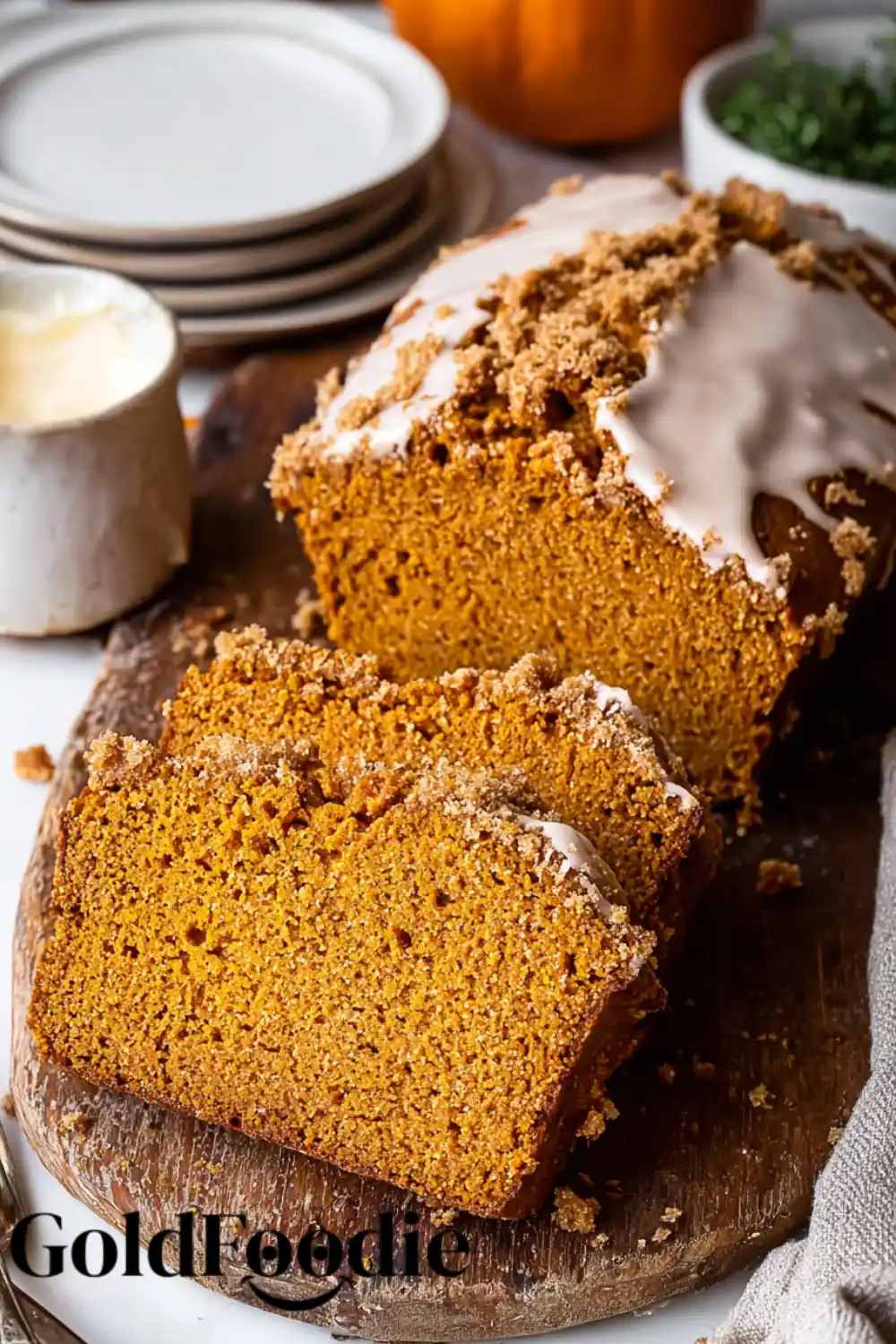 Sugar-Free Pumpkin Slices Three slices of pumpkin bread on a board.