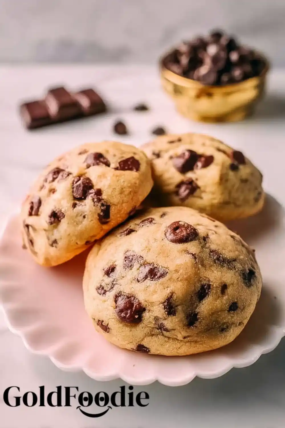 Thick and Fluffy Cookies Round Two-Chip Chocolate Chip Cookies on a pink plate
