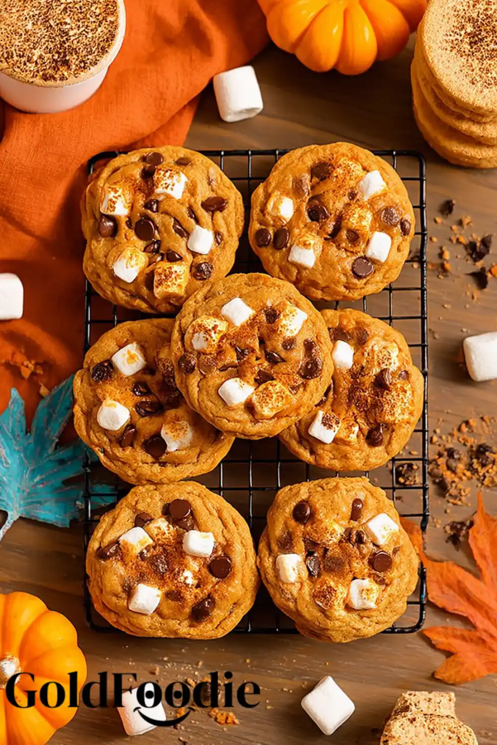 Toasted Marshmallow Cookie Tray Pumpkin s'mores cookies cooling on a wire rack