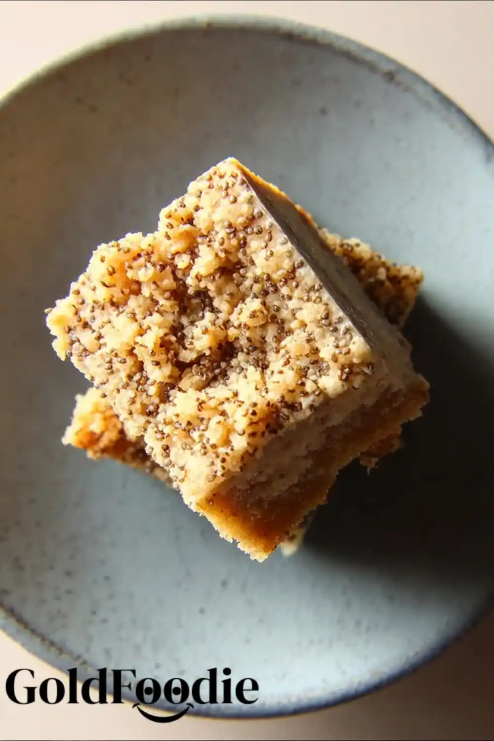 Top View Chia Cake Slice Single square slice of chia seed cake on a plate