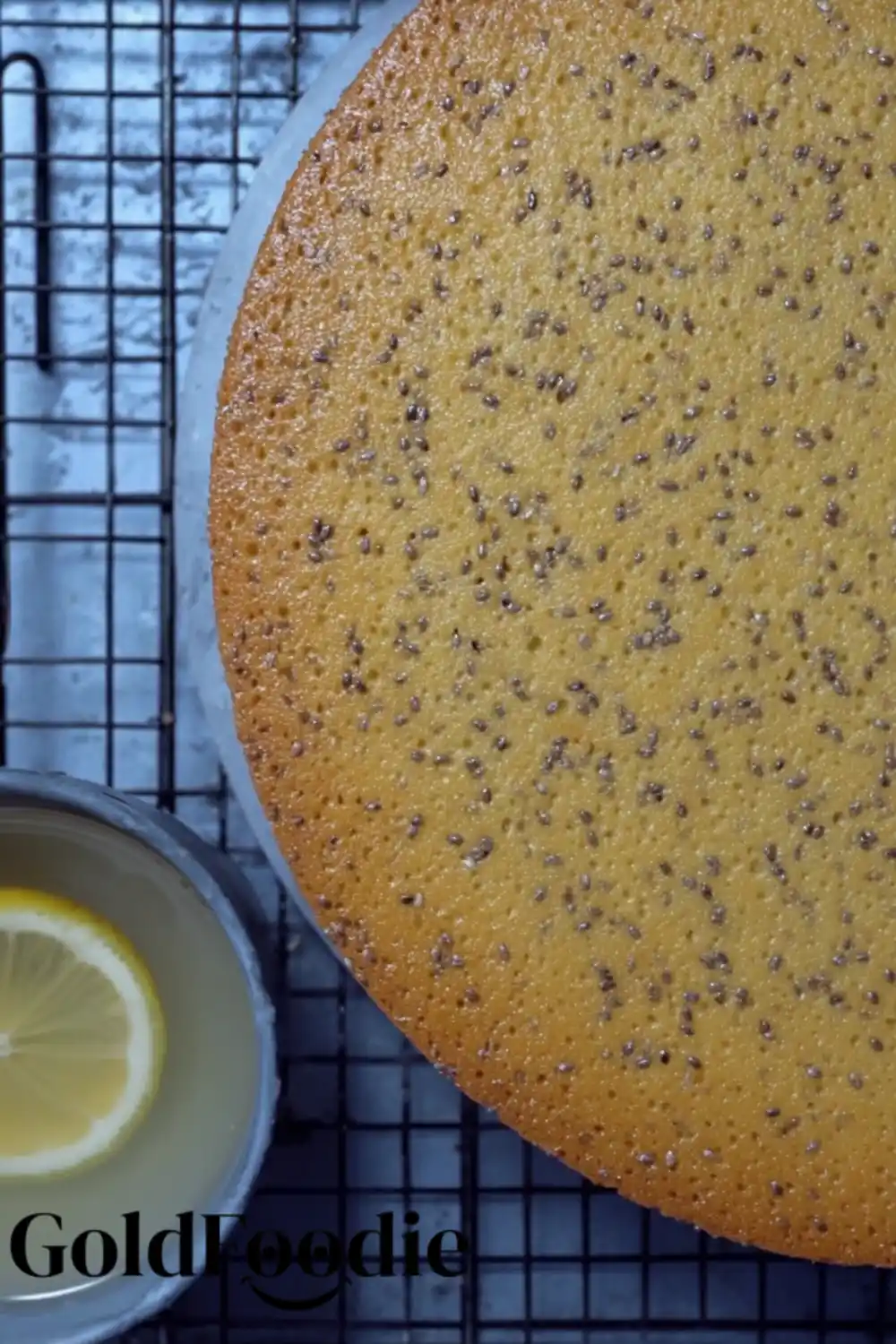 Top View of Baked Cake Overhead view of full vegan Lemon chia seed cake