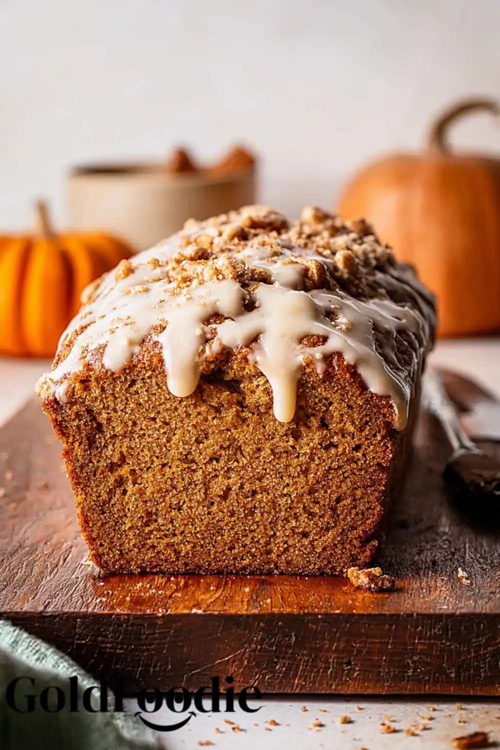 Ultimate Pumpkin Loaf Close-up of glaze on pumpkin bread.