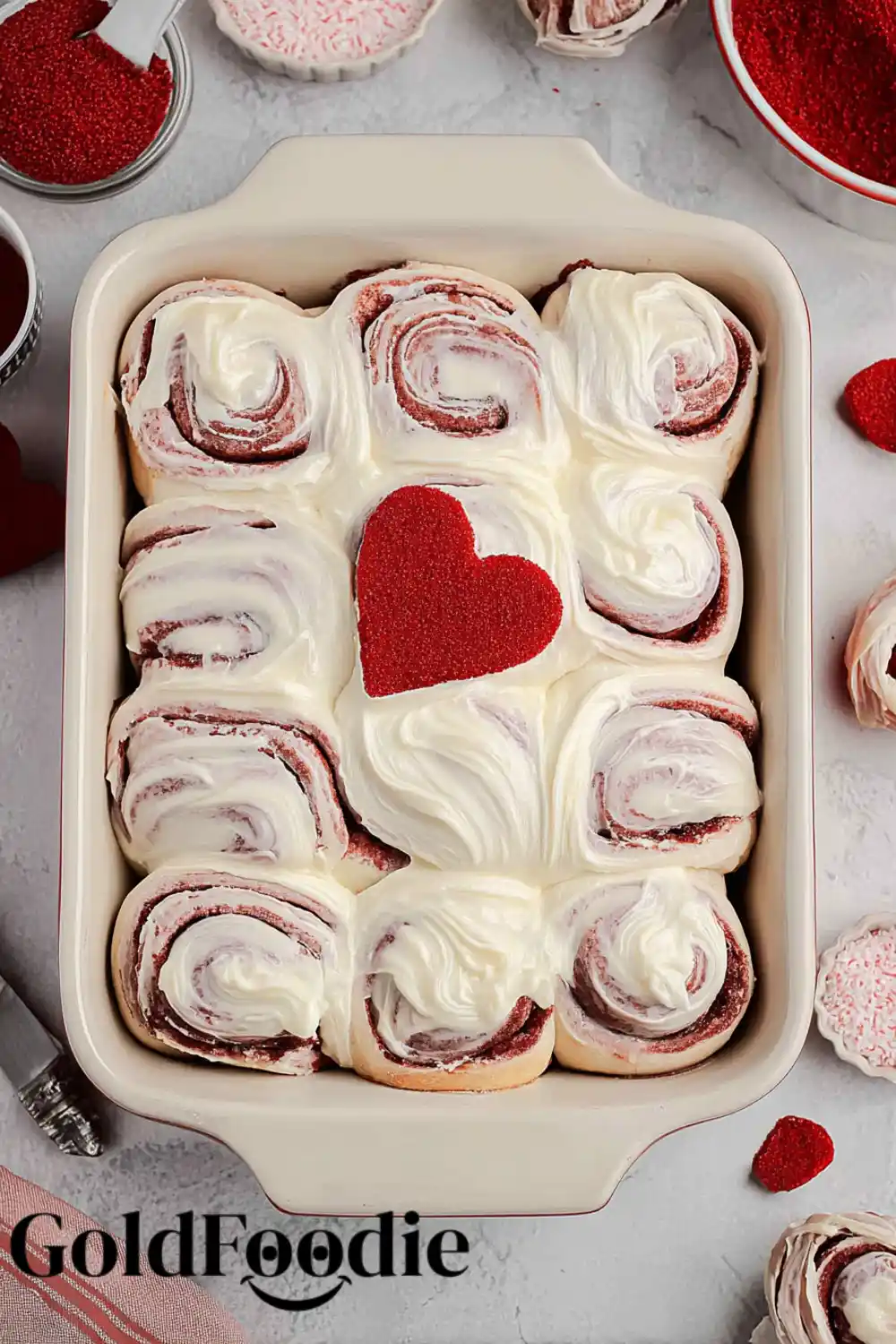 Valentine’s Red Velvet Rolls Red velvet rolls with heart-shaped sprinkle