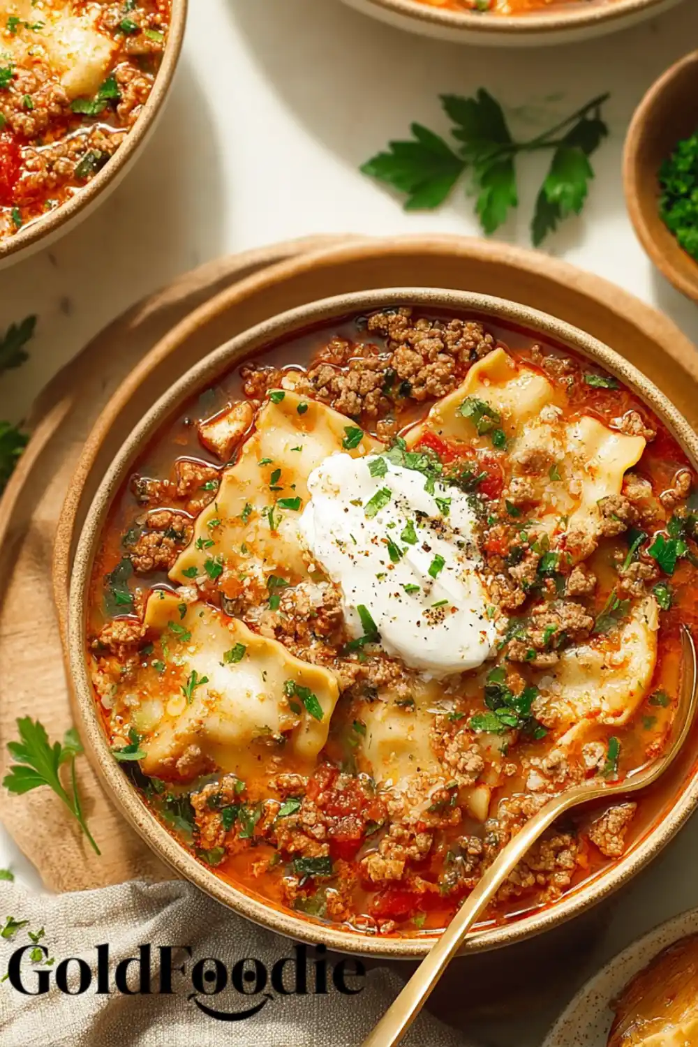 Gluten-Free Lasagna Soup 5 Close-up of gluten-free lasagna soup in ceramic bowl