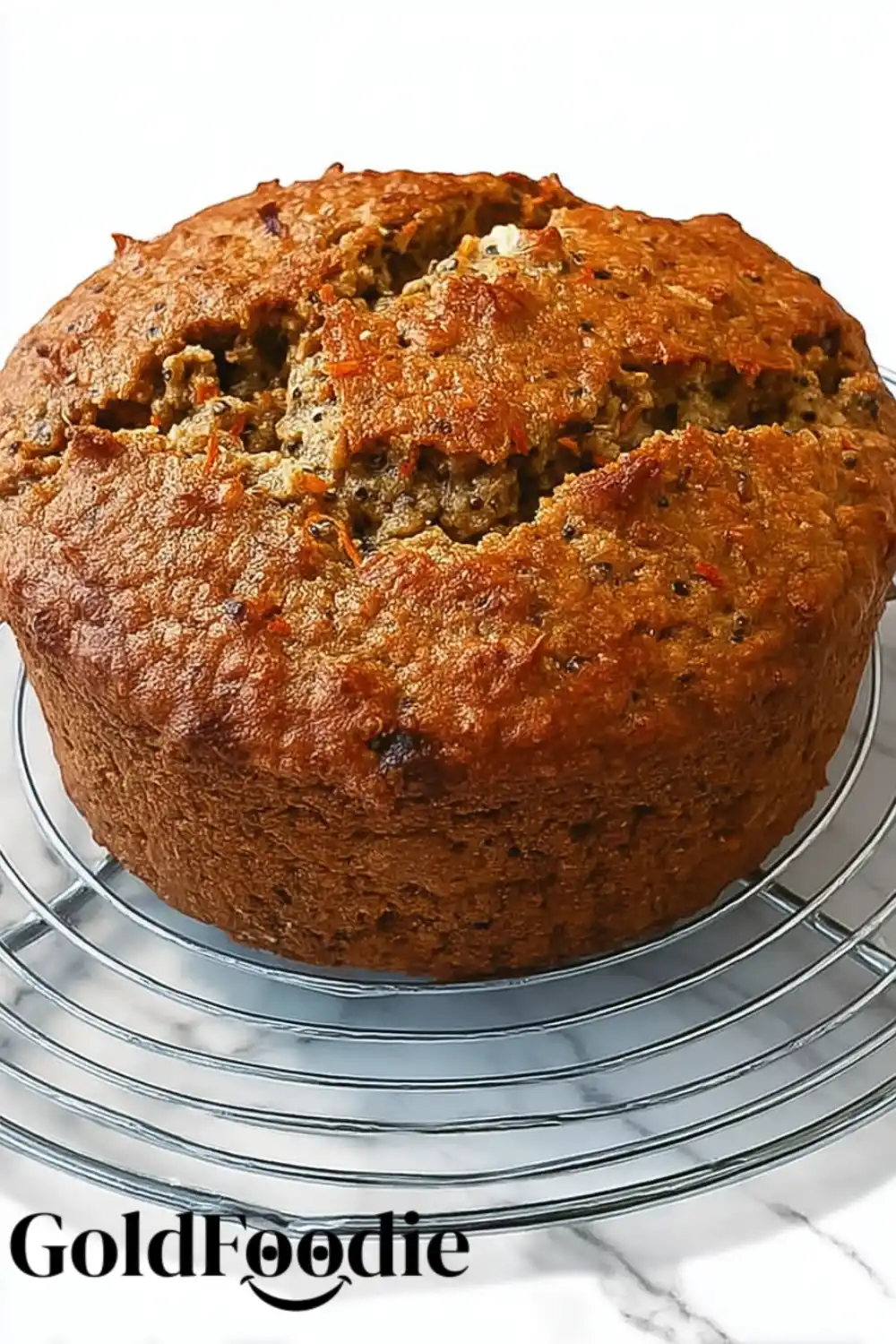 Whole Baked Chia Carrot Cake Whole carrot cake with chia cooling on wire rack