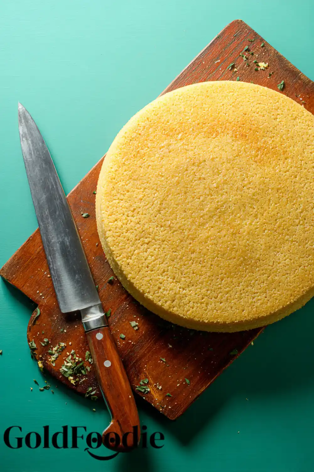 Whole Baked Cornbread Round gluten free cornbread with knife.