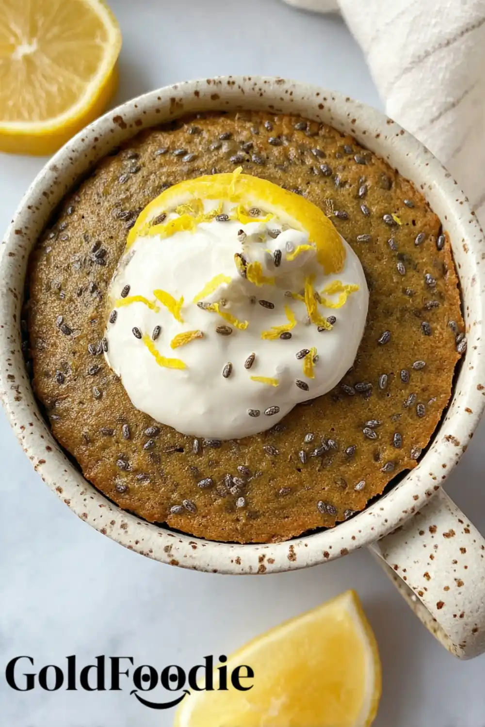 Zesty Chia Mug Cake Chia seed mug cake with lemon zest and yogurt topping